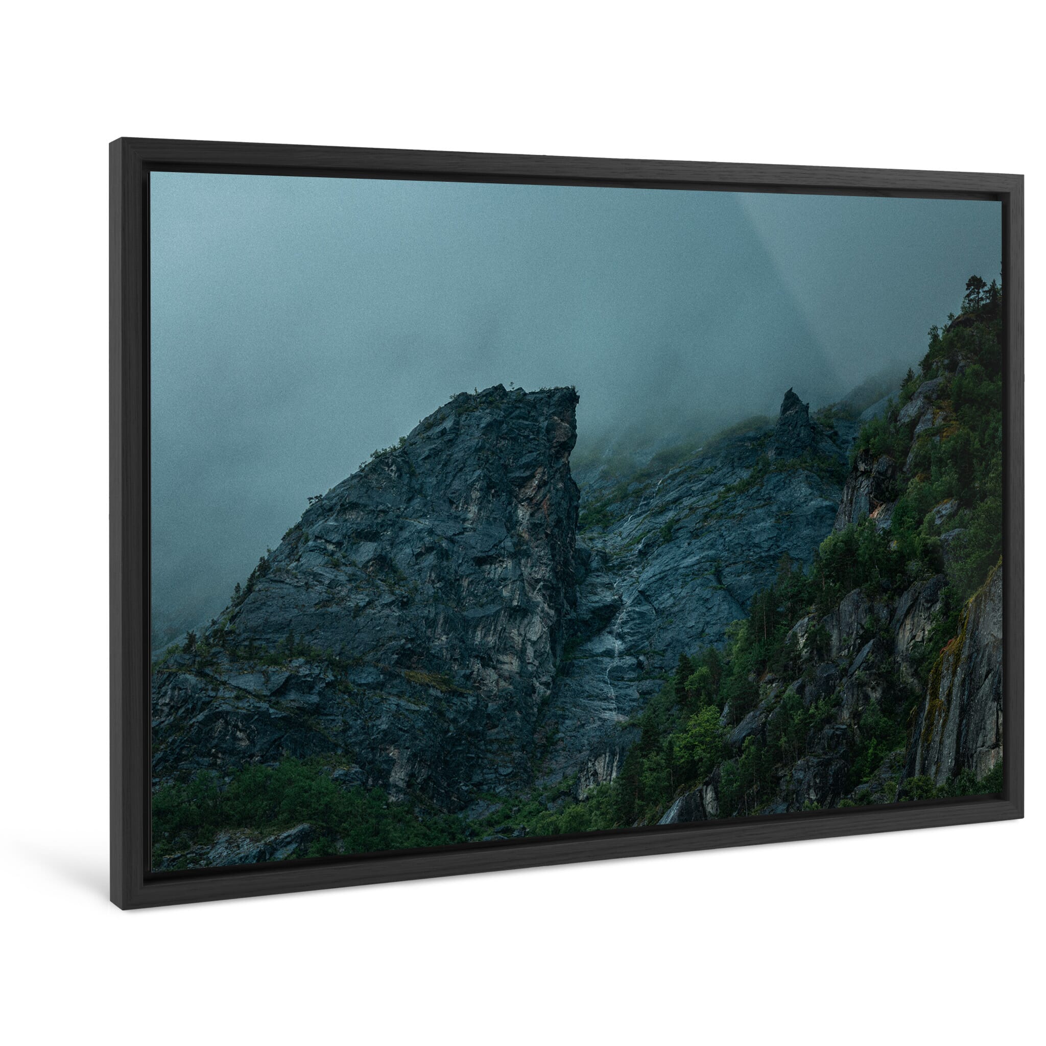 Framed photo print of moody Norwegian rocks under dense cloud cover