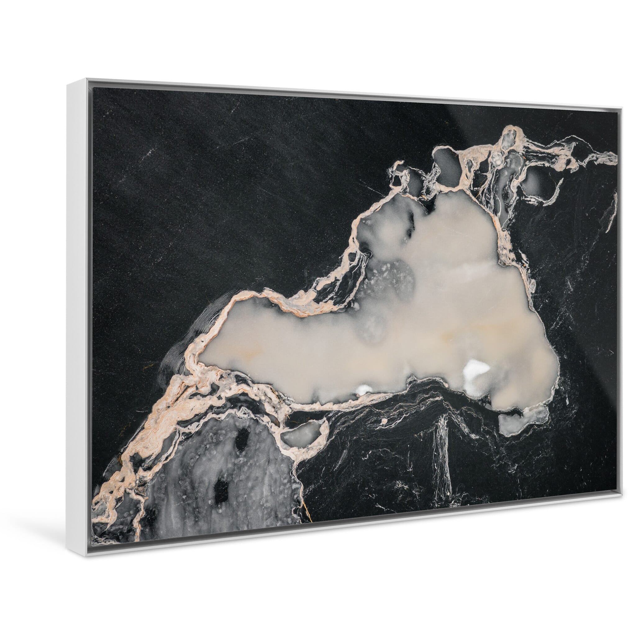 Framed photo print of frozen lake surface with abstract black patterns