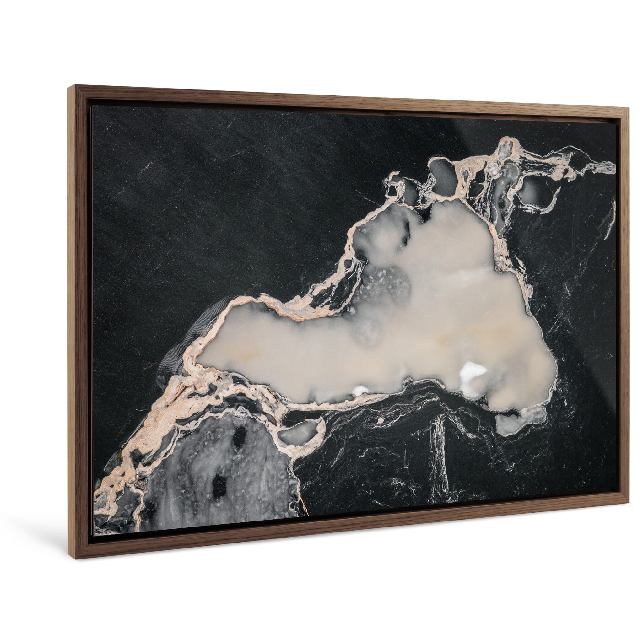 Framed photo print of frozen lake surface with abstract black patterns