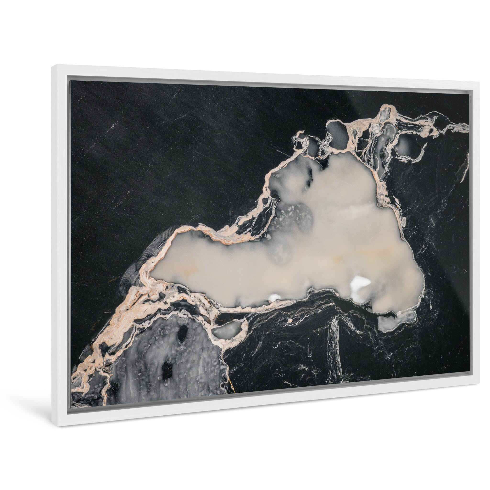 Framed photo print of black and white ice formations shaped by wind and snow