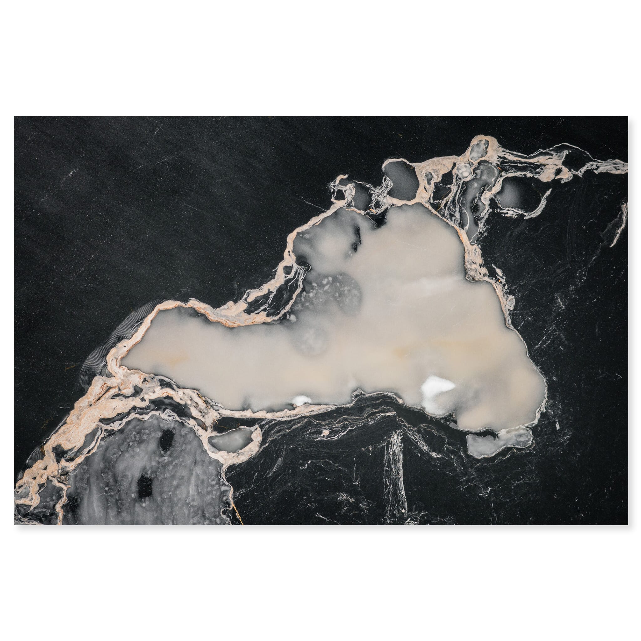 Fine art print of abstract frozen lake textures with black tones captured from above