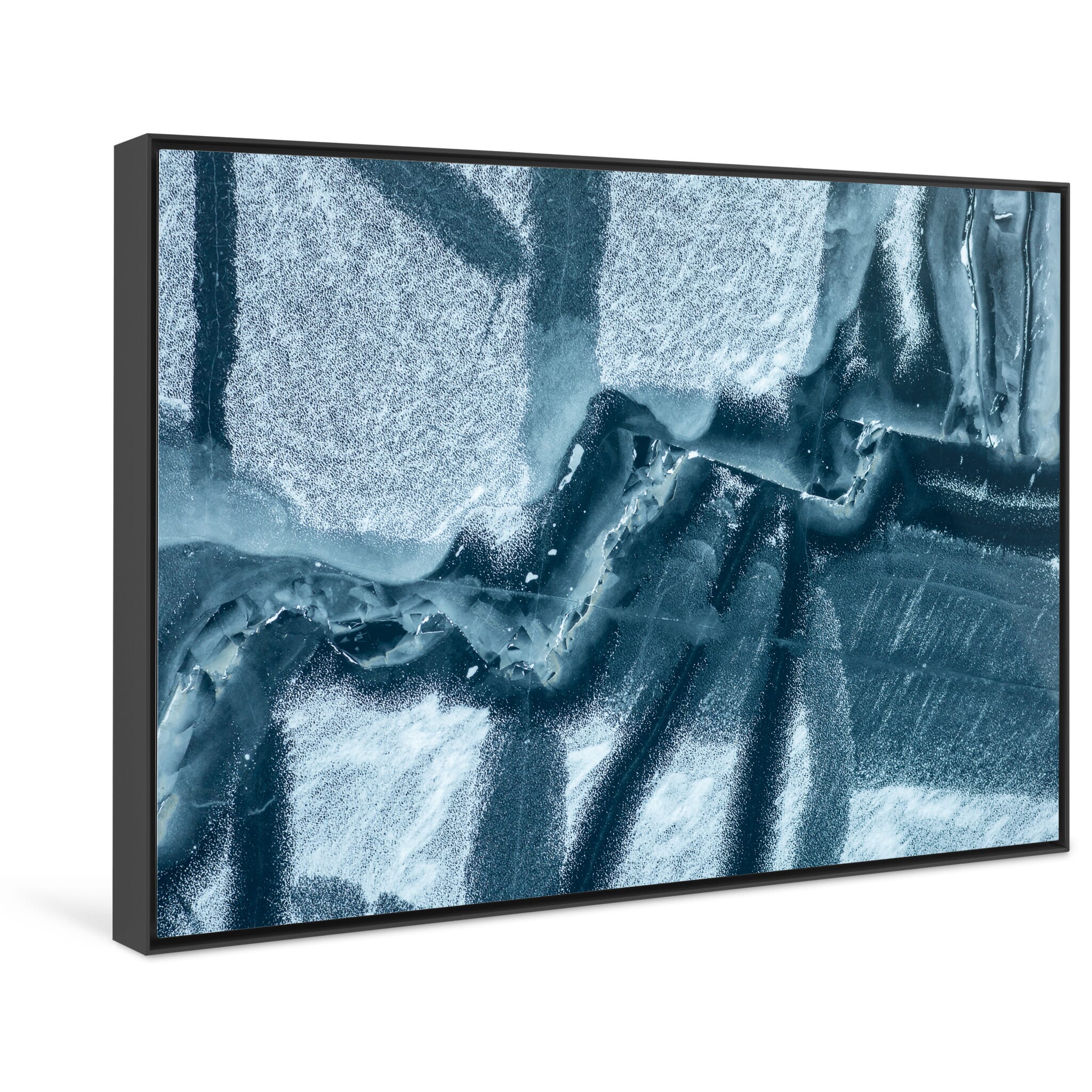 Framed photo print of natural blue-toned ice surface with chaotic structural patterns