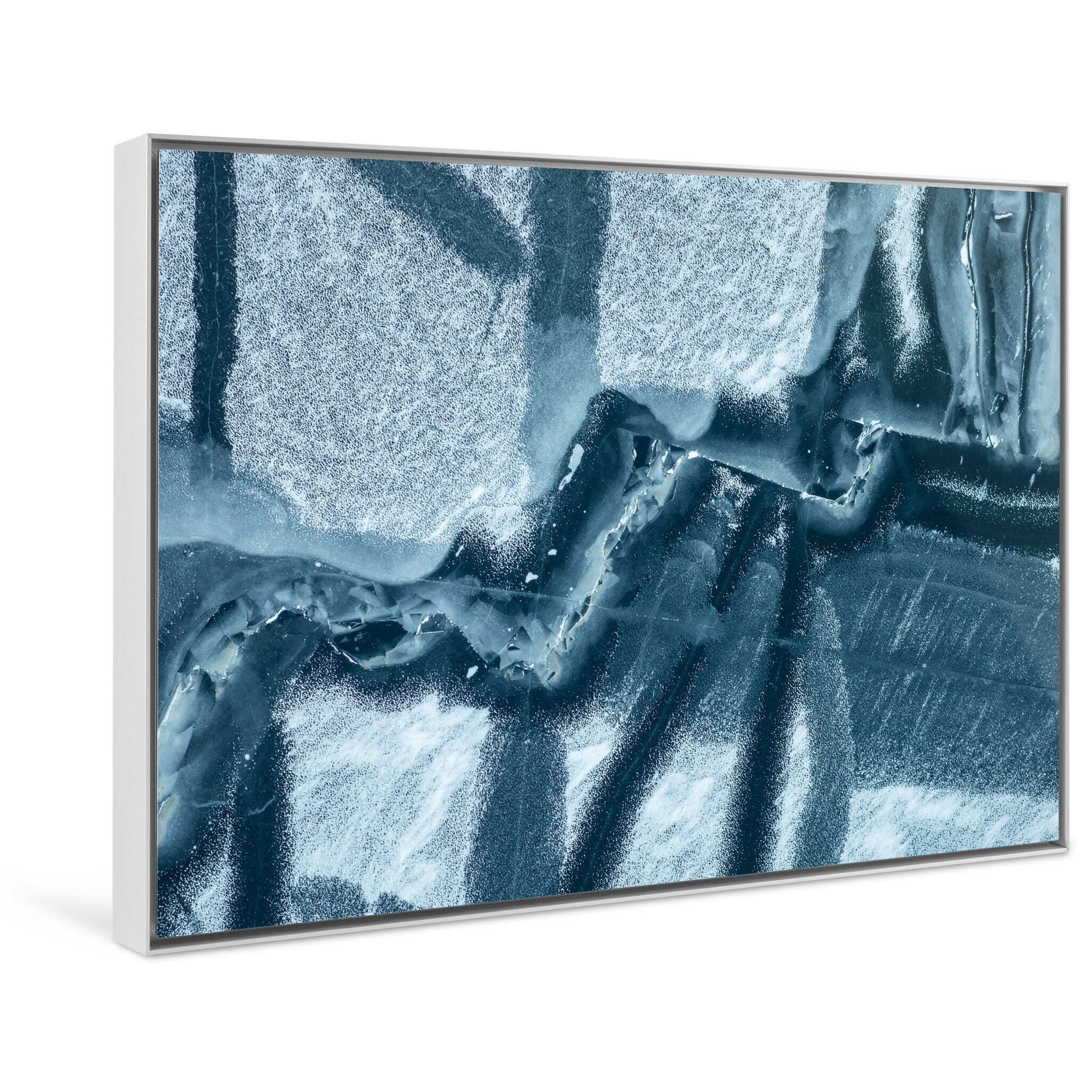 Framed photo print of overlapping cracks and deep blue tones in frozen Norwegian lake