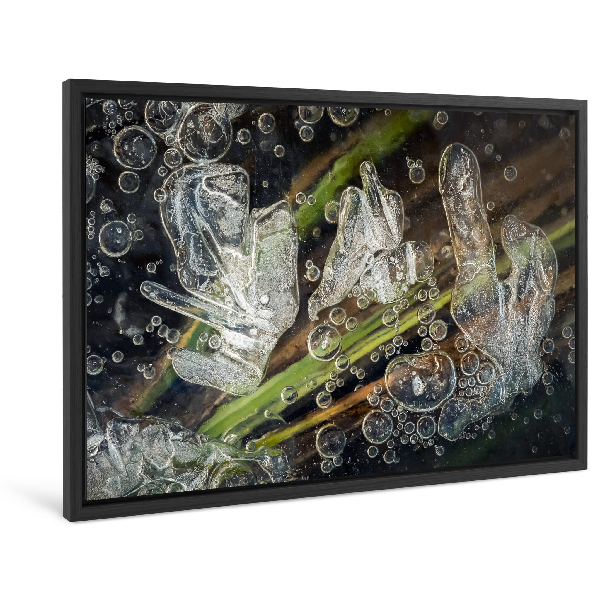 Framed photo print of chaotic yet organic ice formations with embedded vegetation