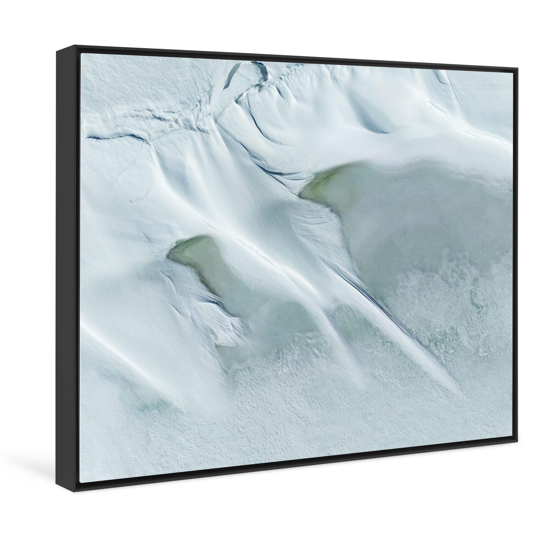Framed photo print of snow-covered lake surface with layered textures