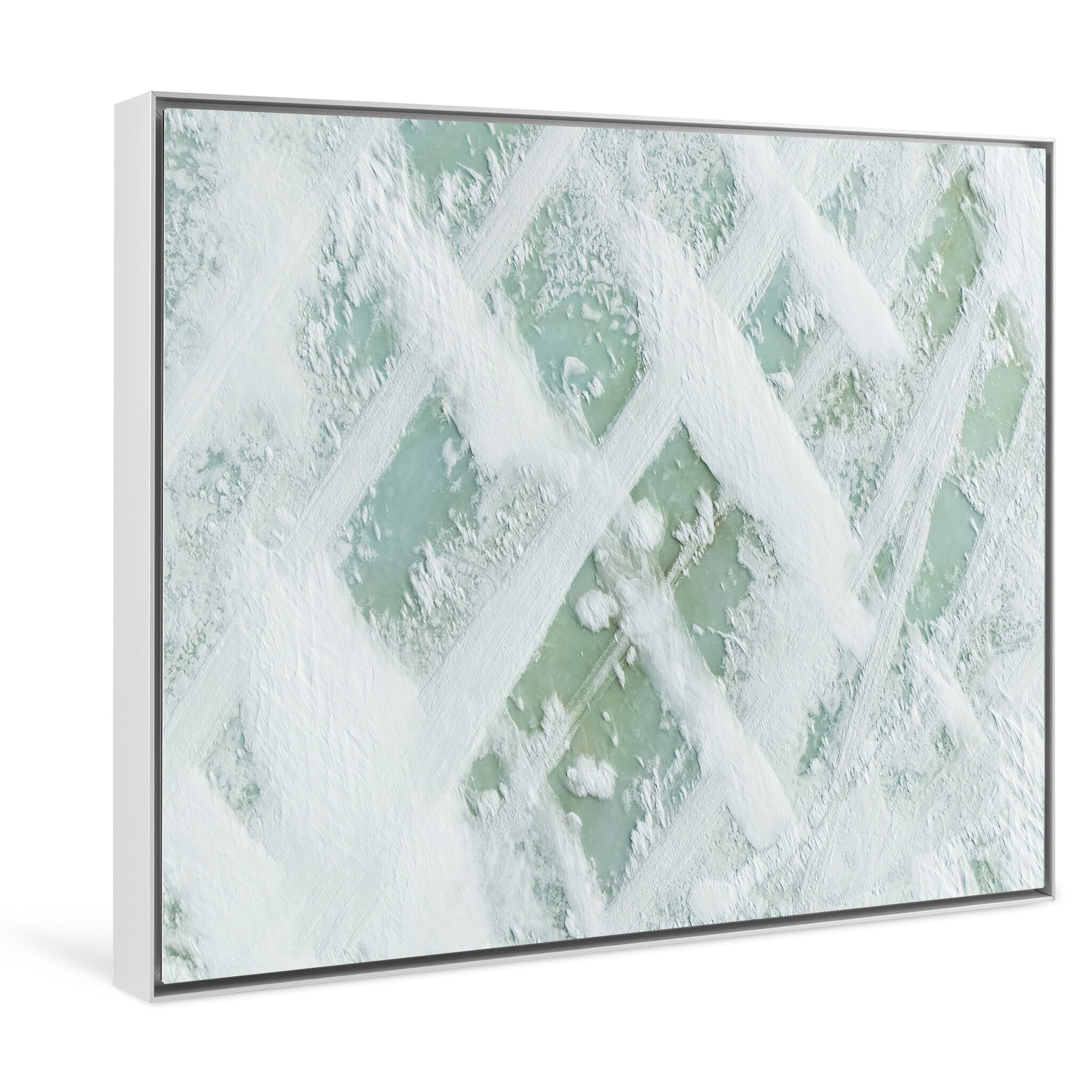 Framed photo print of compressed tracks and natural snow textures