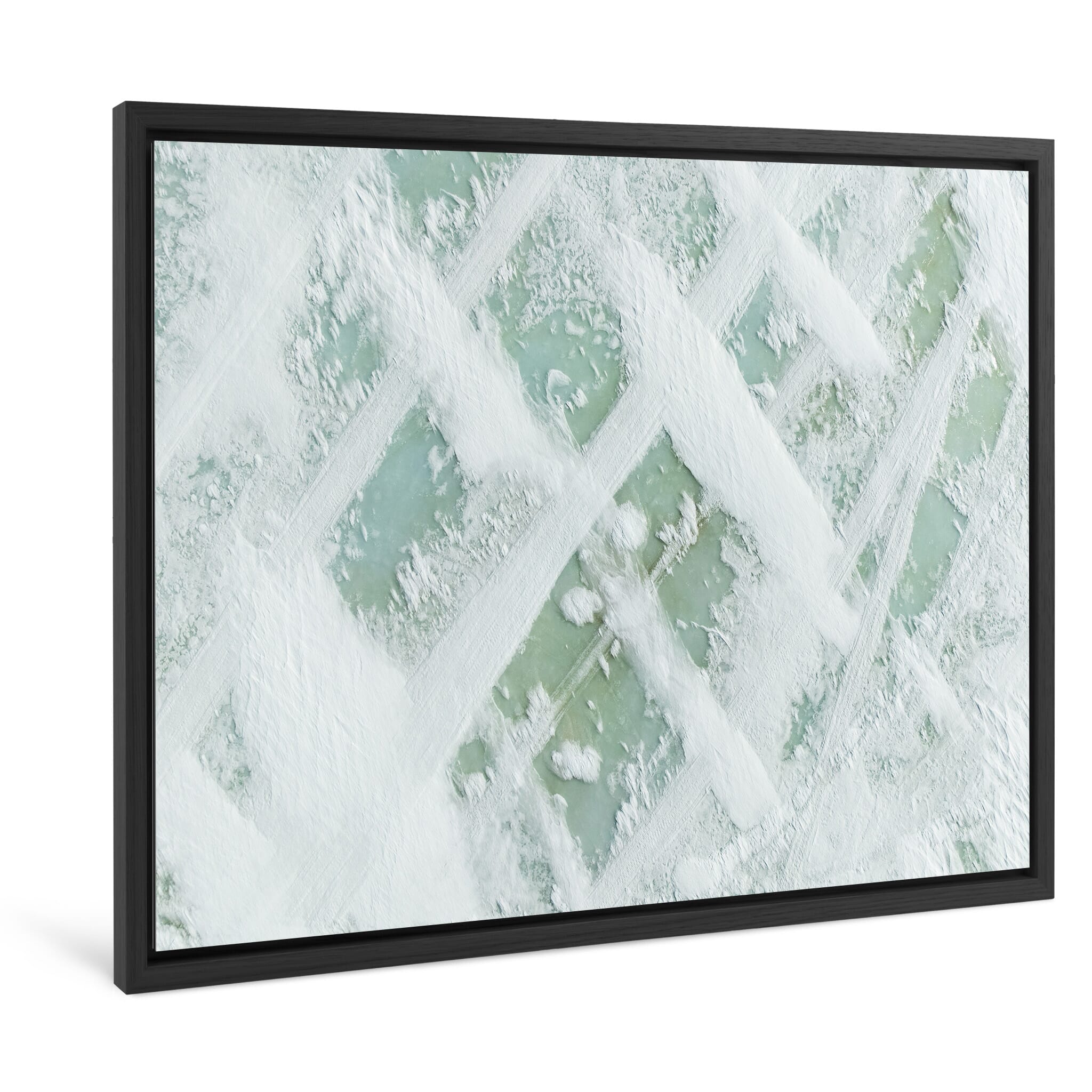 Framed photo print of turquoise ice with snowdrifts and ski tracks