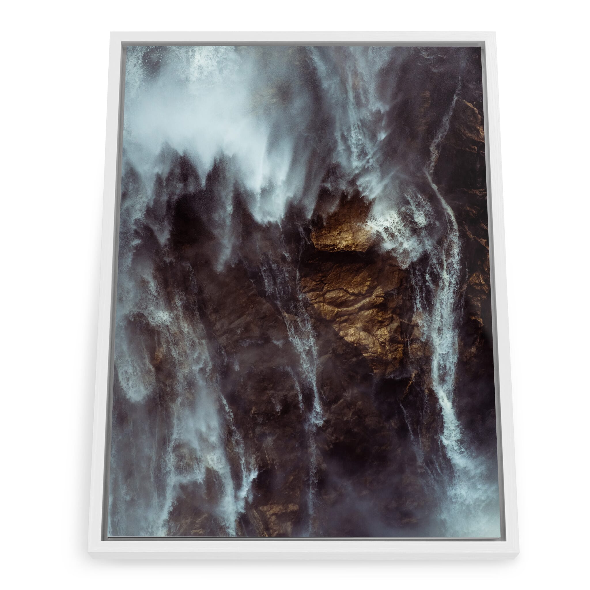 Framed photo print of swirling mist above a dramatic gorge
