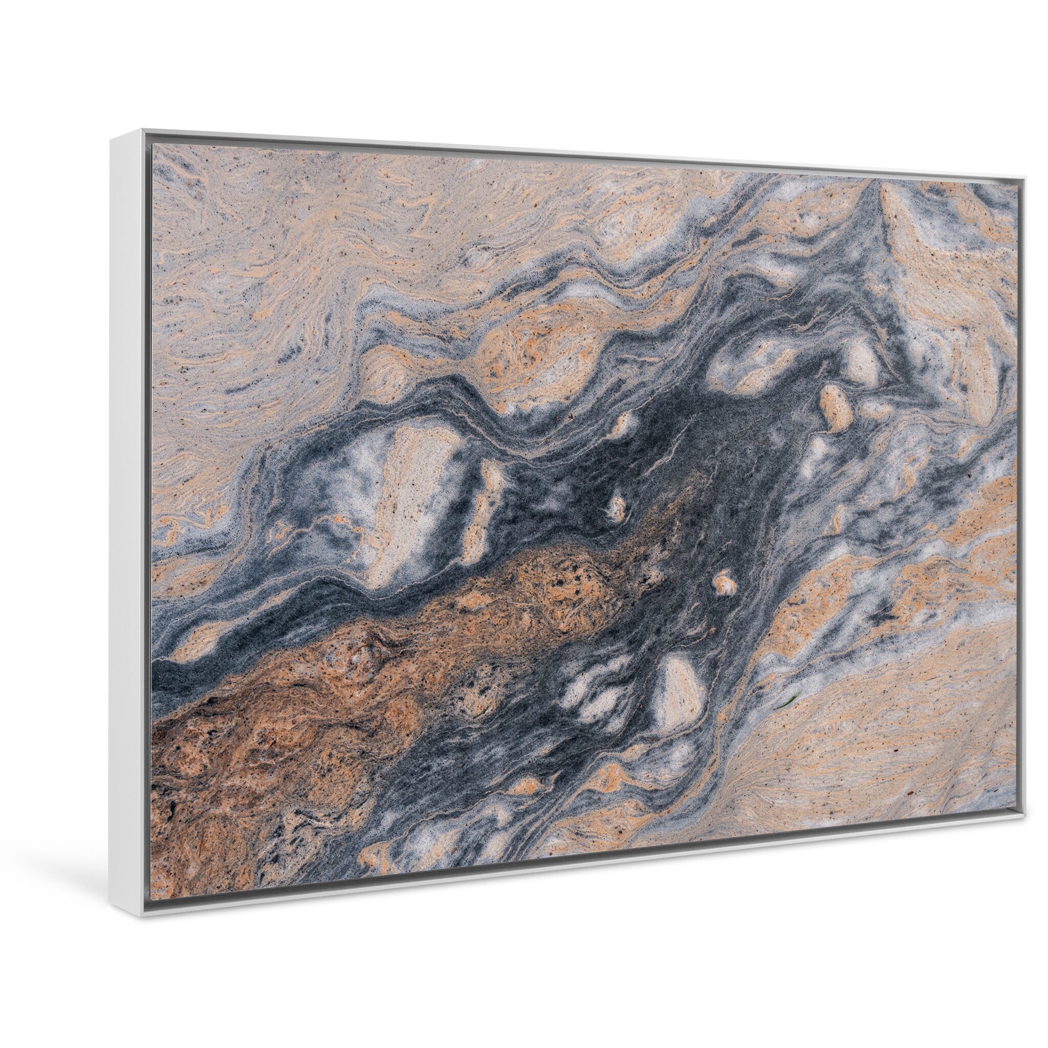 Framed photo print of abstract detail in Norwegian creek with flowing pollen and soft ripples