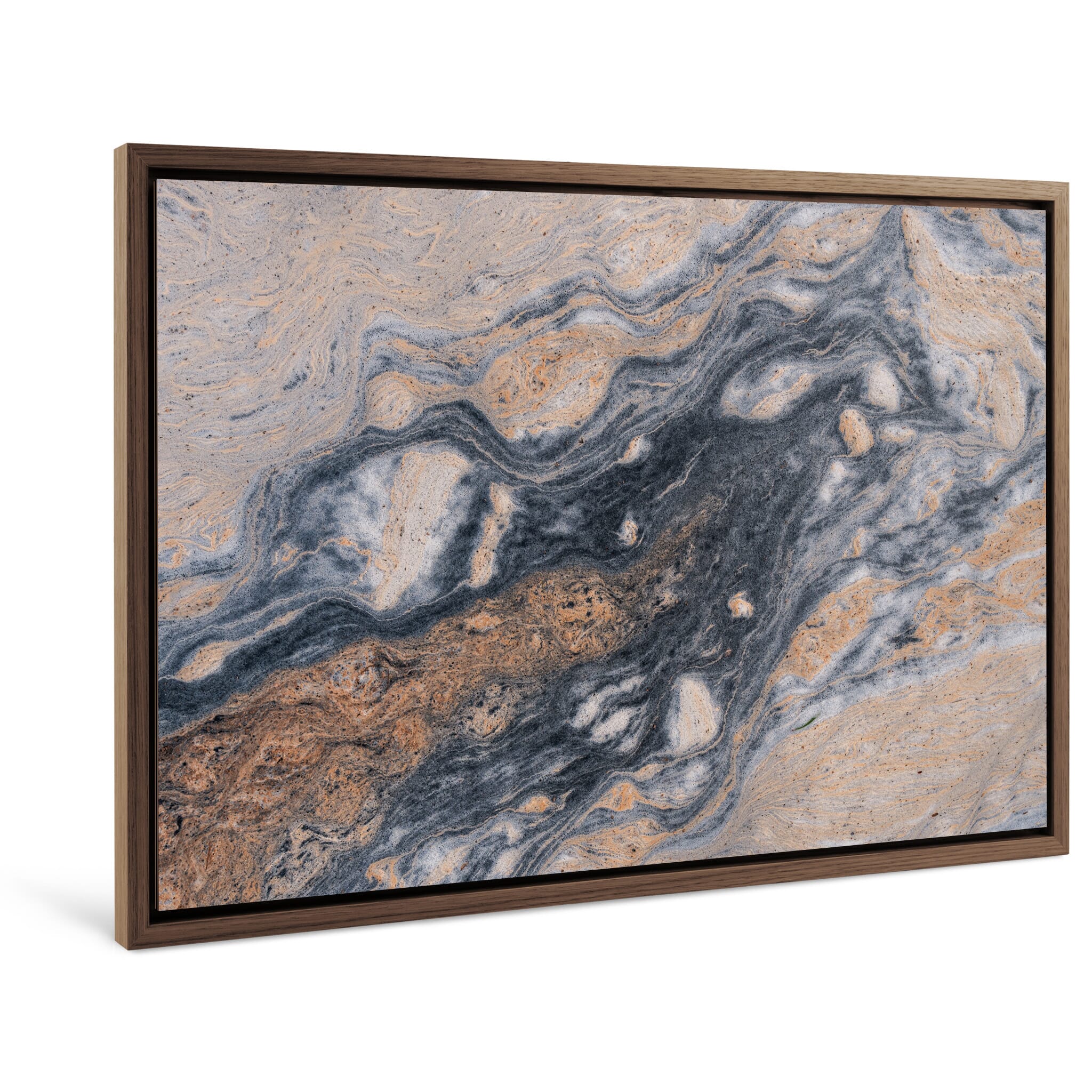 Framed photo print of natural fluid textures in stream with swirling pollen in Norway