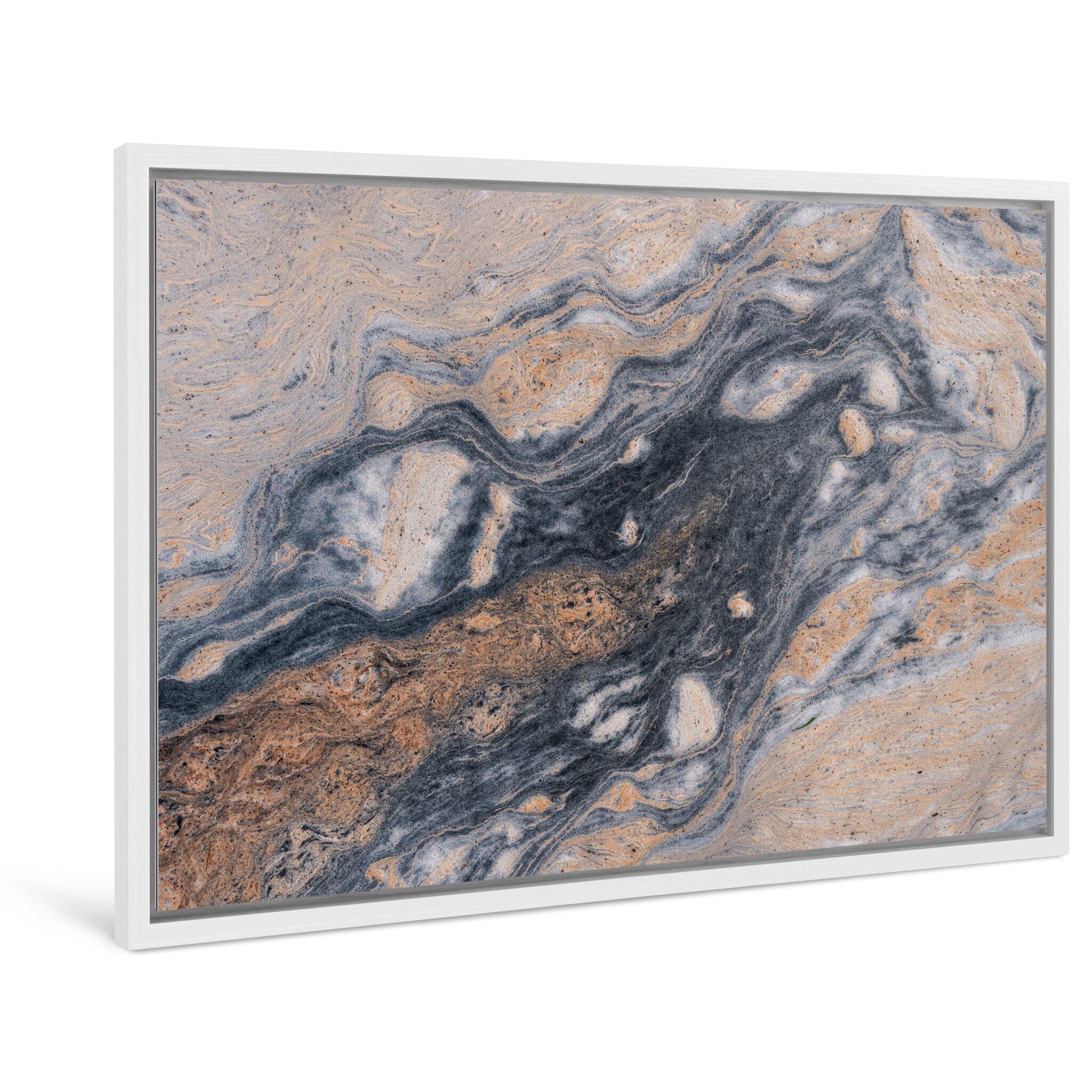 Framed photo print of flower pollen formations on creek surface evoking cosmic imagery