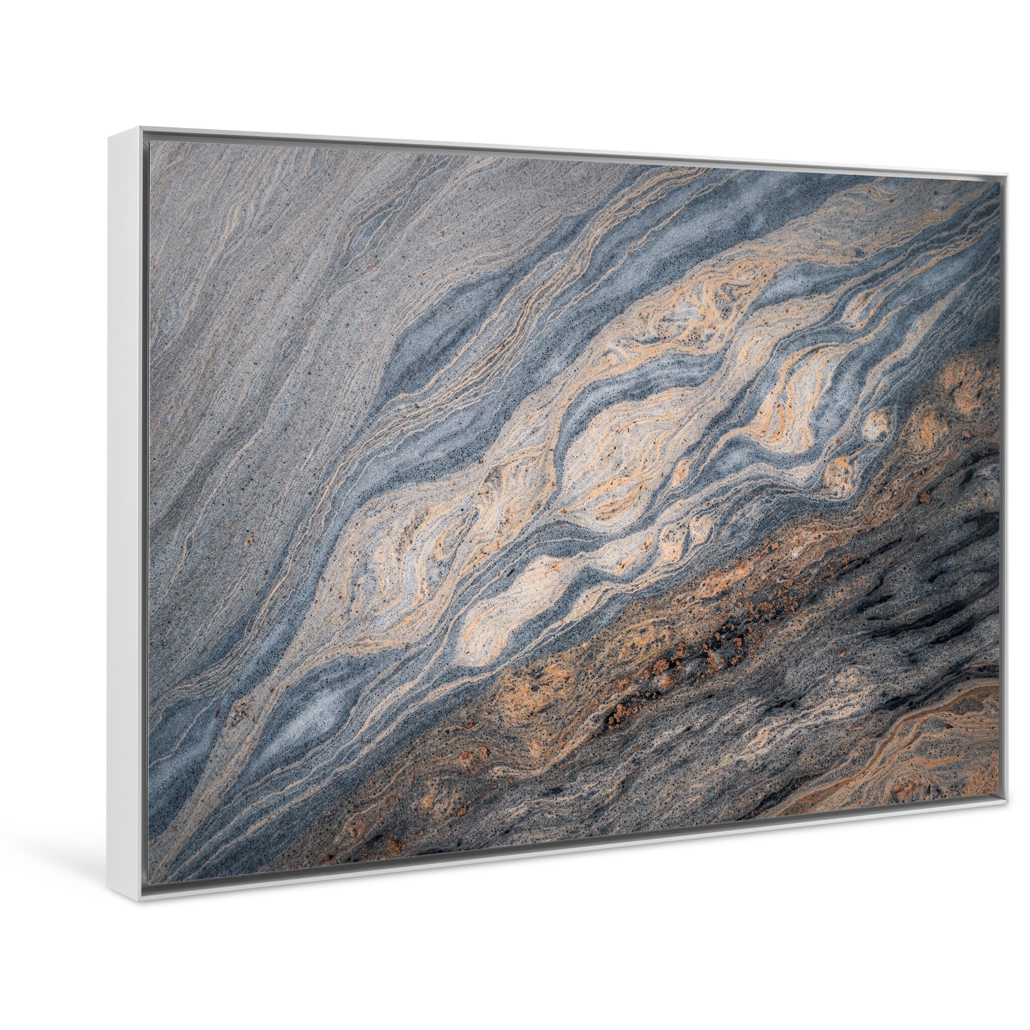 Framed photo print of abstract detail in Norwegian creek with flowing pollen and soft ripples