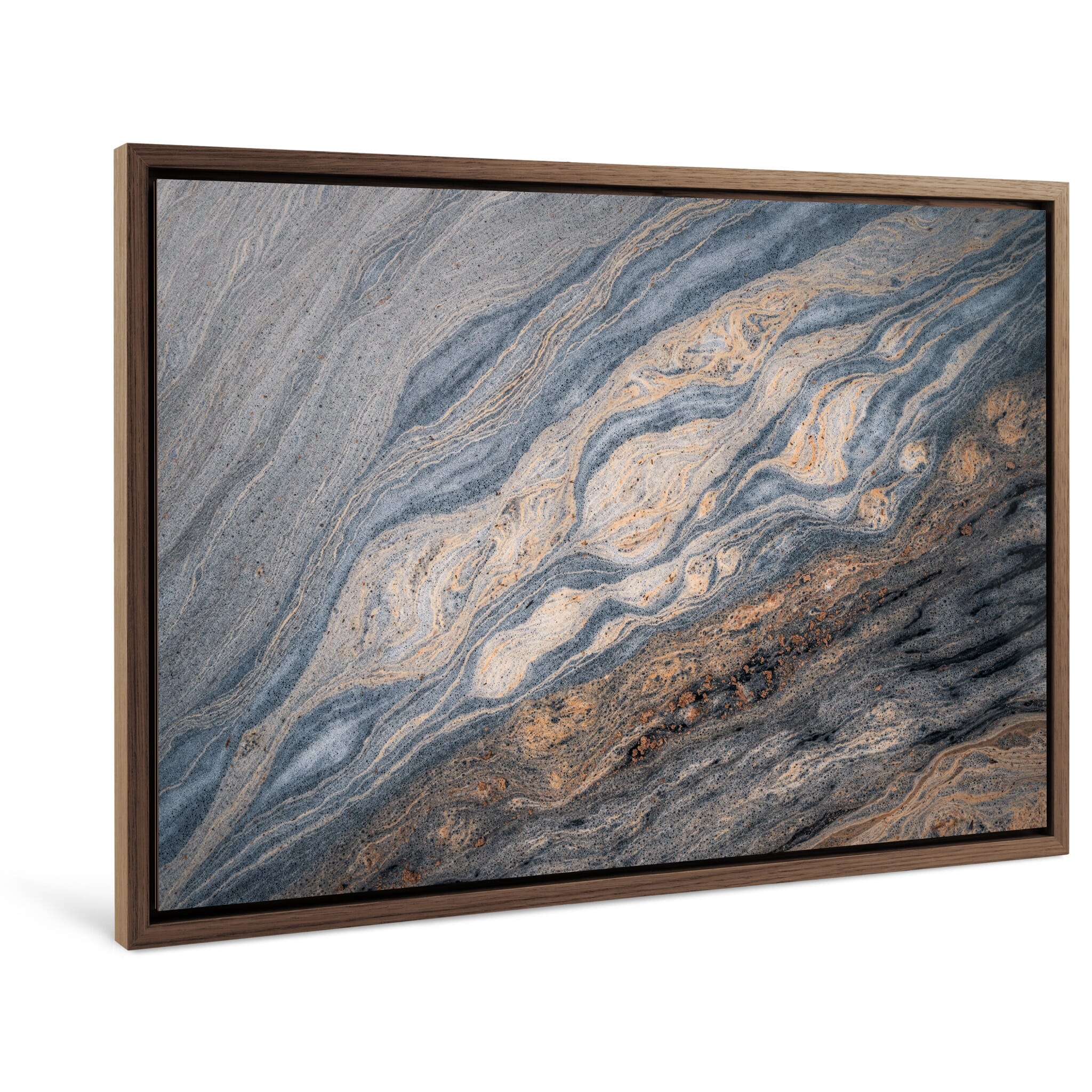 Framed photo print of natural fluid textures in stream with swirling pollen in Norway