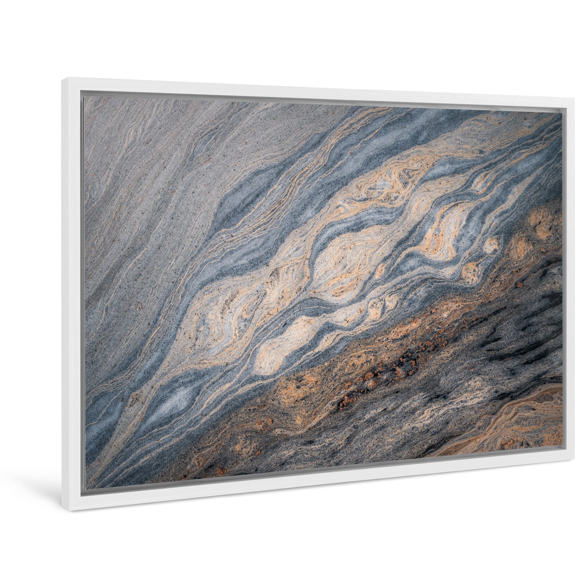 Framed photo print of flower pollen formations on creek surface evoking cosmic imagery