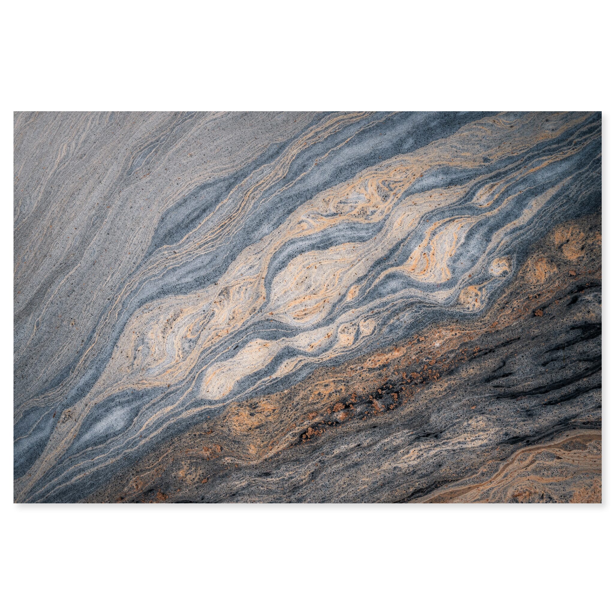 Fine art print of drifting pollen patterns in a Norwegian creek resembling Jupiter’s surface