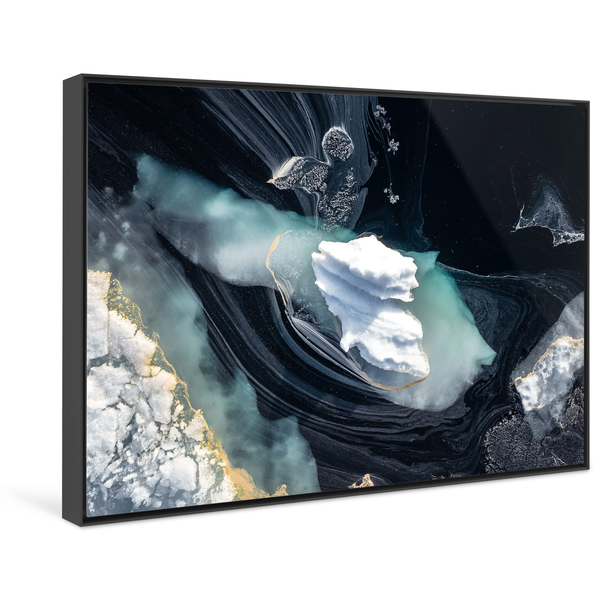 Framed photo print of delicate contrasts between cold lake surface and bright pollen