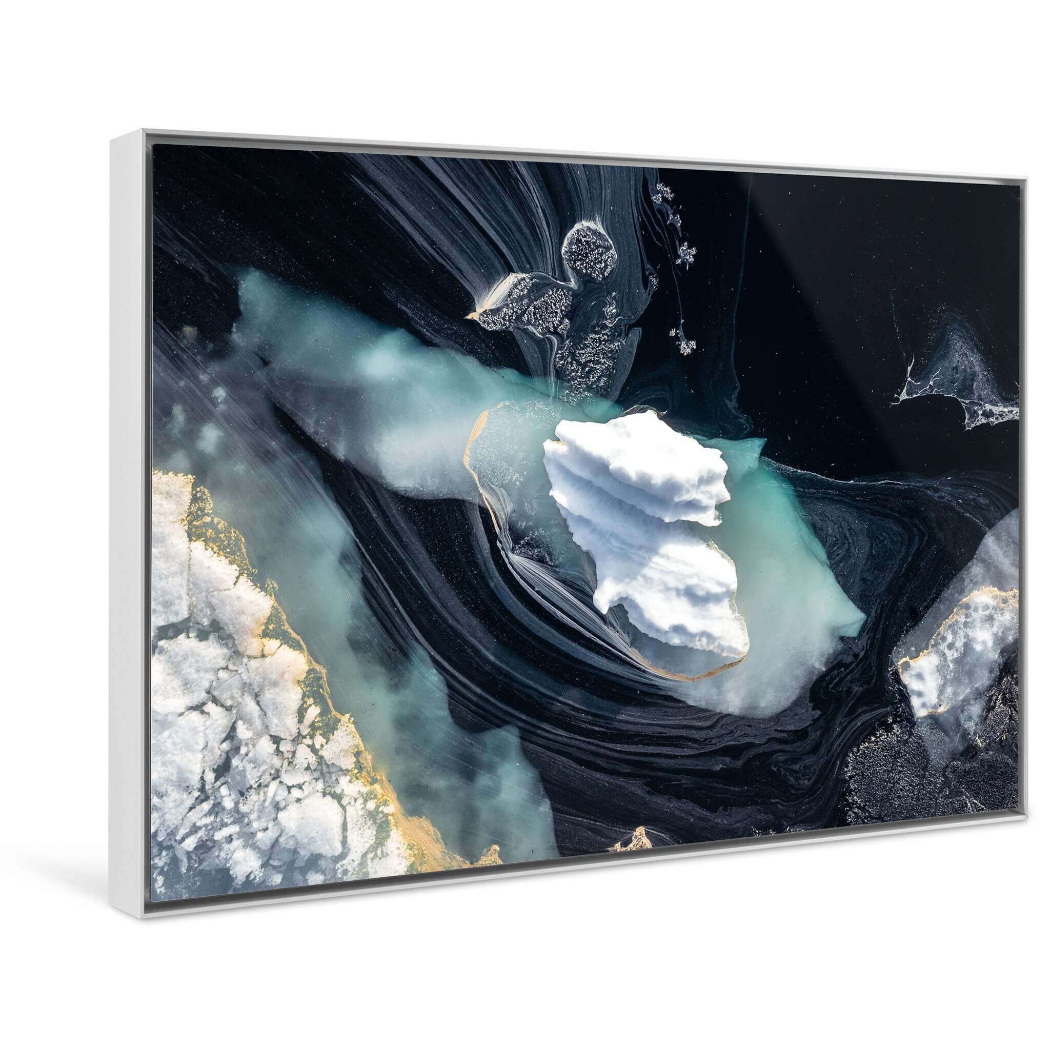Framed photo print of the slow seasonal change from ice-laden water to open water