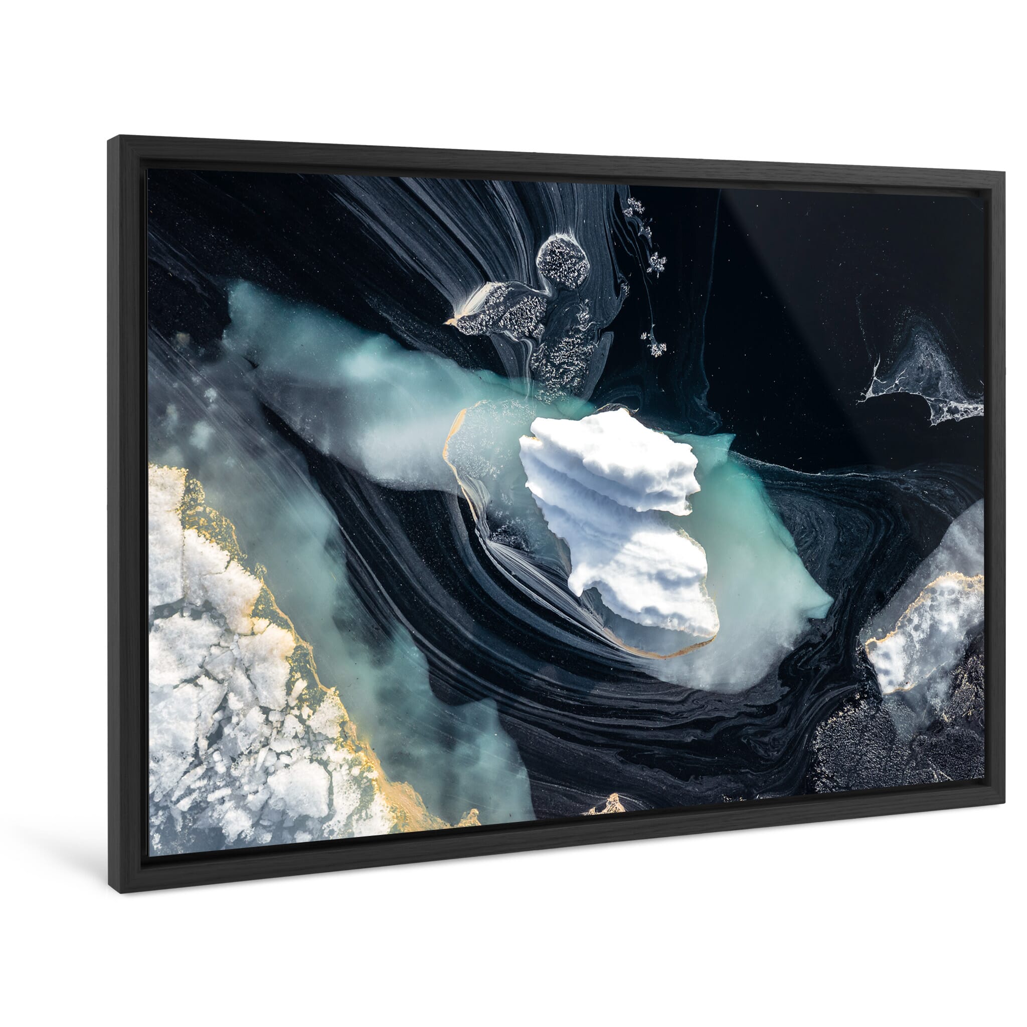Framed photo print of an aerial perspective capturing dark water and lingering ice