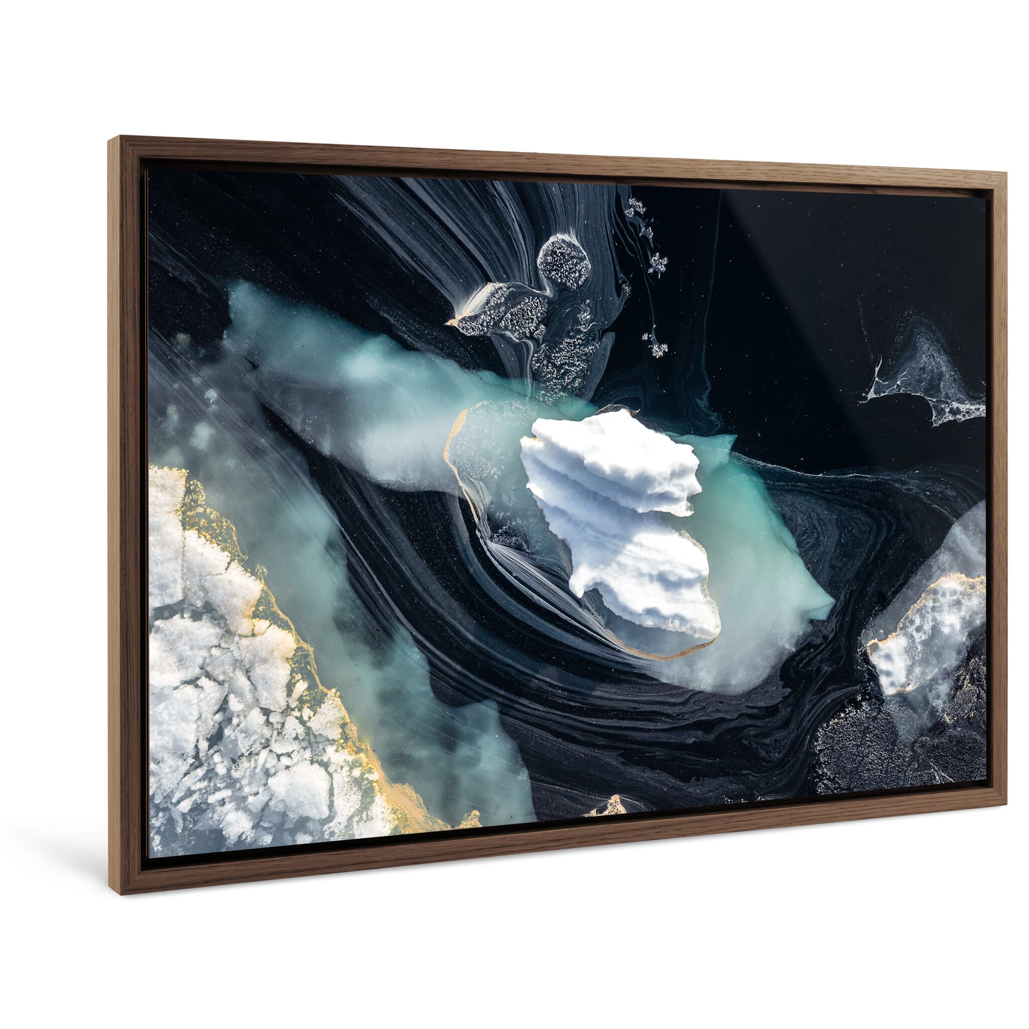 Framed photo print of winter-to-summer transformation from above on a Norwegian lake