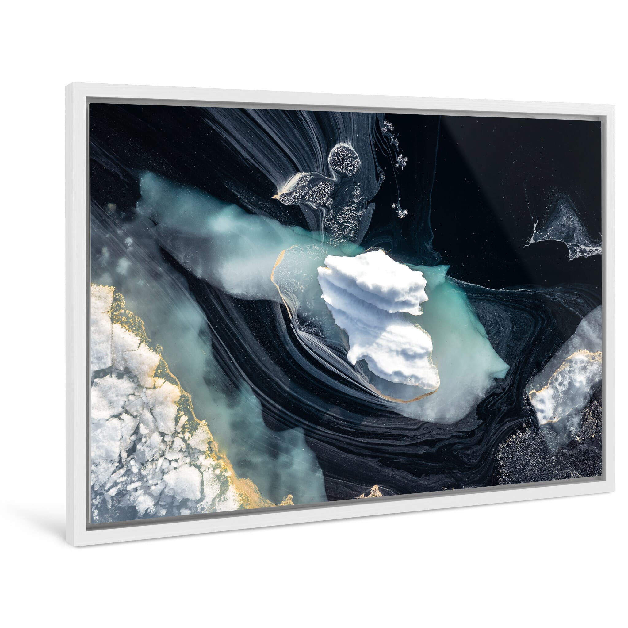 Framed photo print of a drone view revealing drifting ice fragments and pollen
