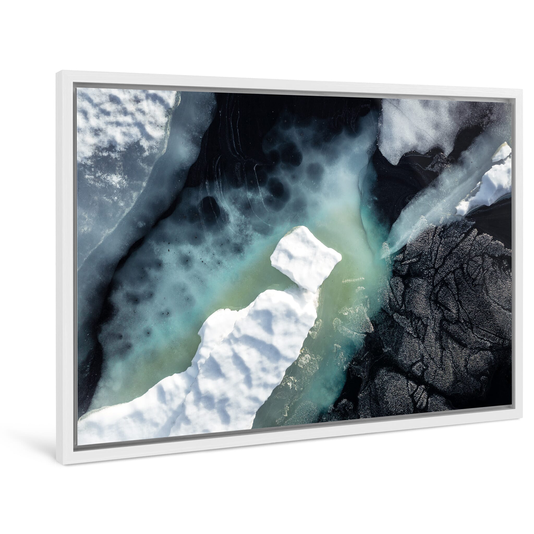 Framed photo print of abstract textures on dark lake with melting ice and pollen