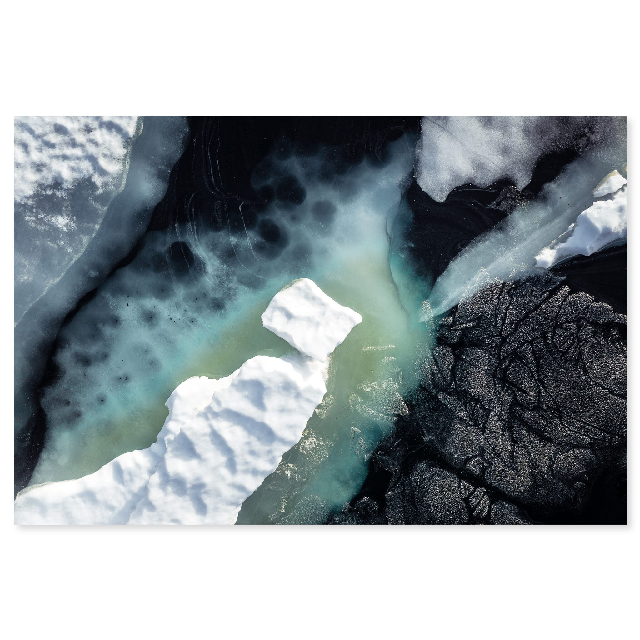 Fine art print of floating ice and pollen on mountain lake Ståvatn in Norway