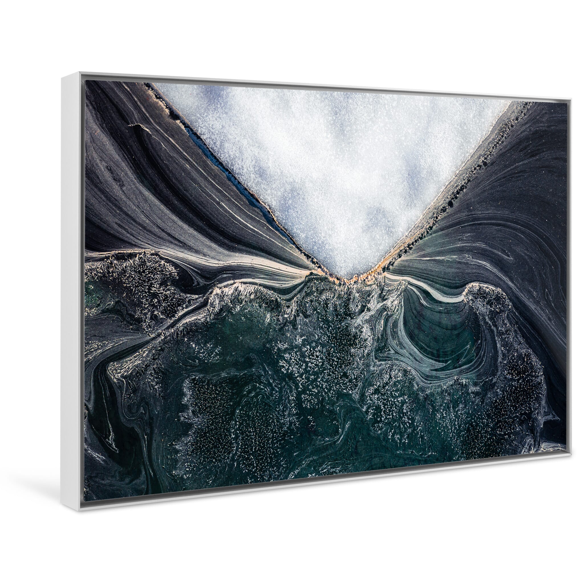 Framed photo print of melting ice fragments creating abstract patterns in early summer