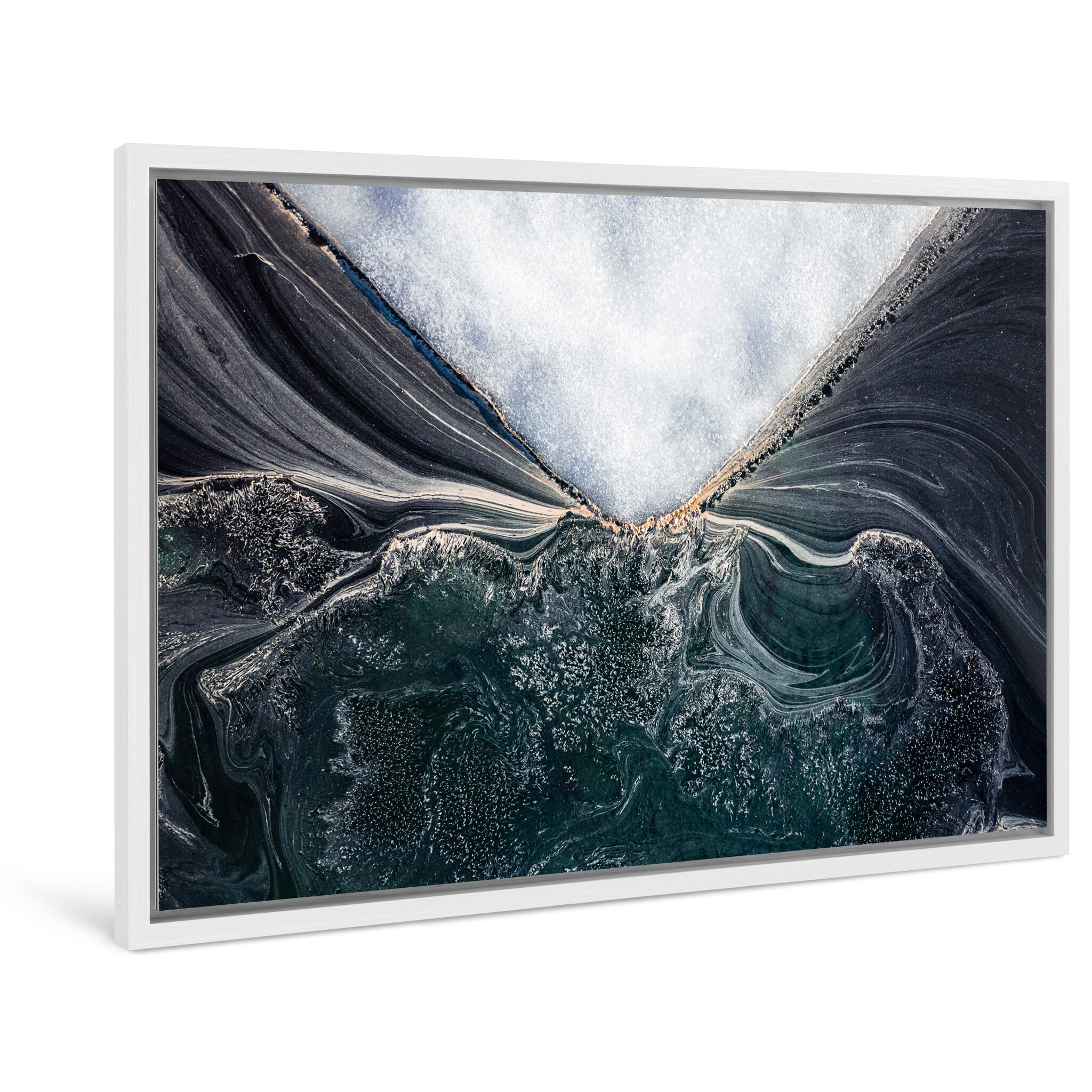 Framed photo print of small icebergs floating among vibrant pollen in cold water