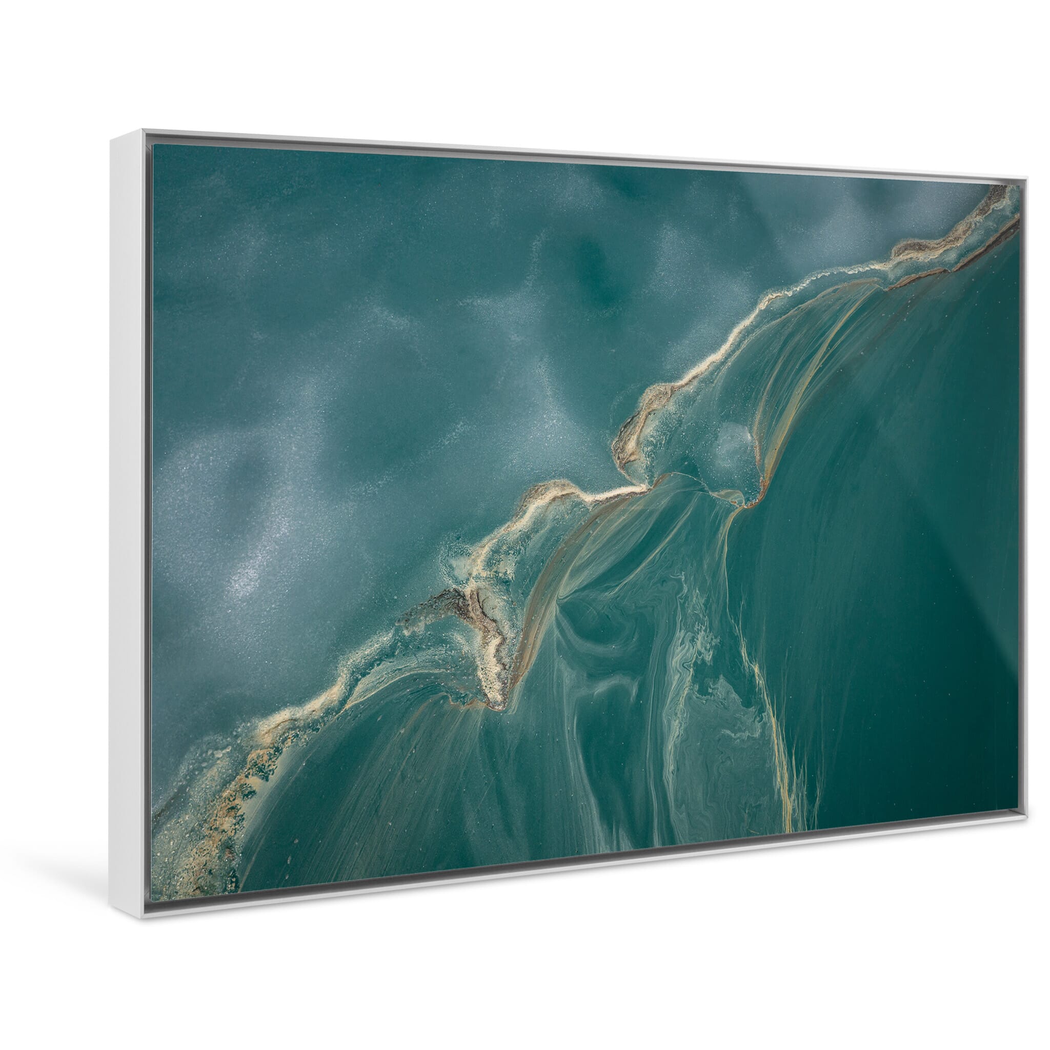 Framed photo print of floating ice and swirling pollen formations on mountain lake in Norway