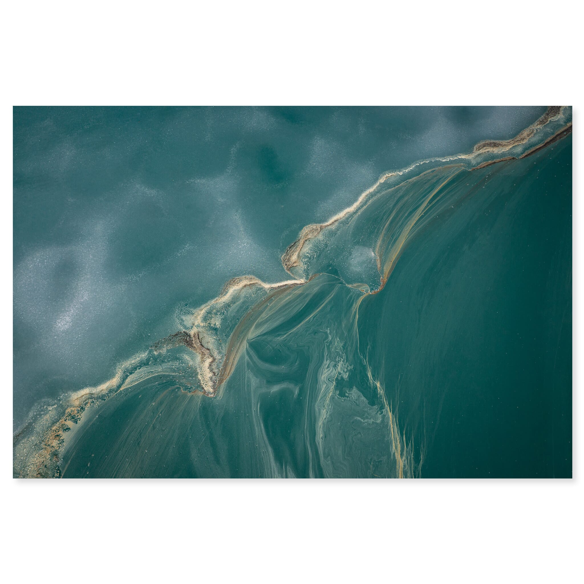 Fine art print of aerial view of Blådalsvatnet with drifting ice and pine pollen in Norway