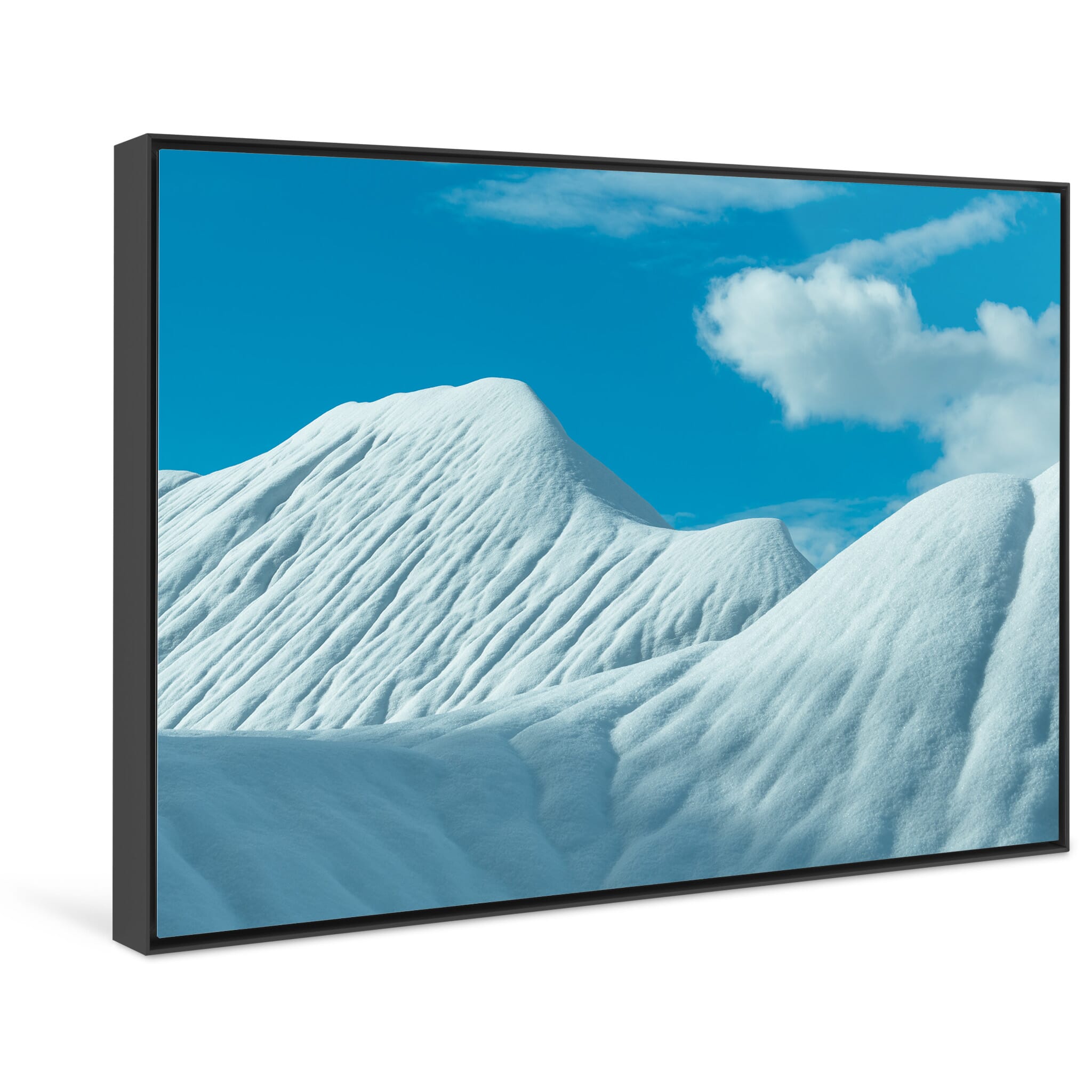 Framed photo print of serene end-of-winter scene with abstract terrain in white and blue