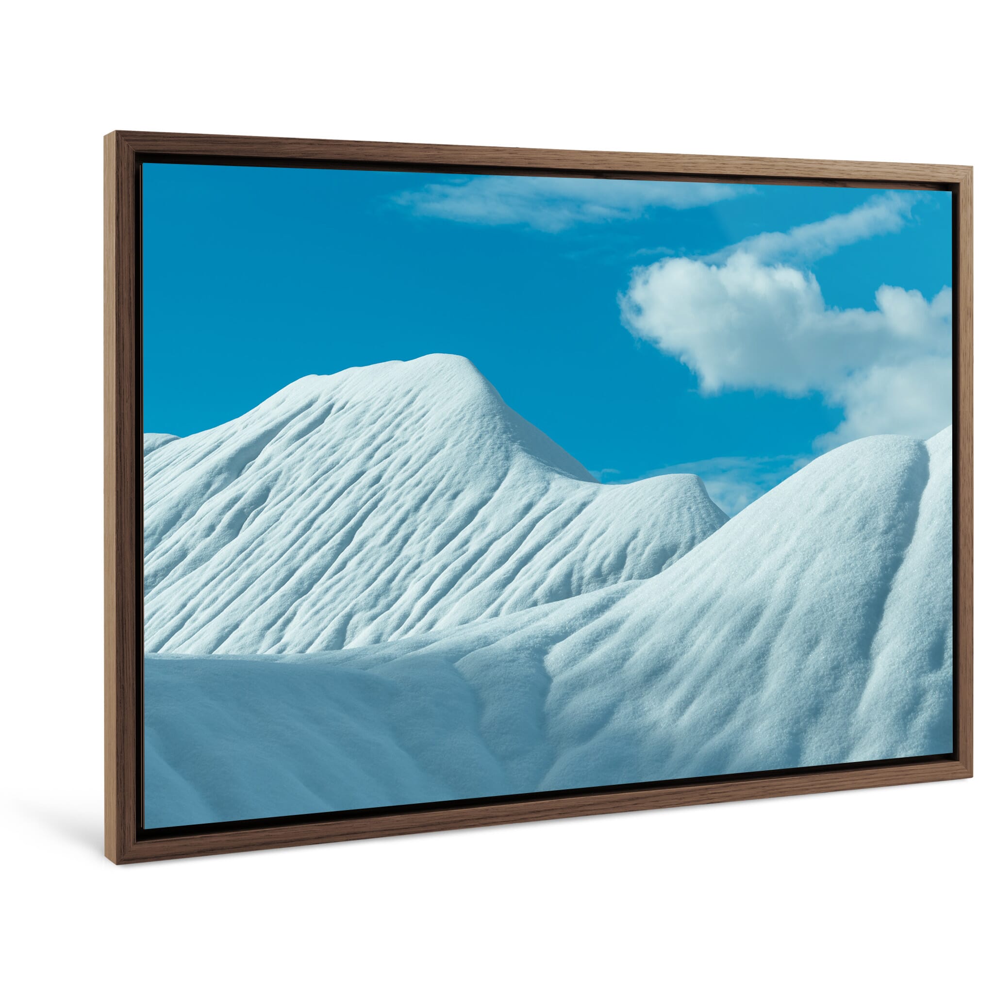 Framed photo print of gentle Norwegian hills with melting snow and bold contrast