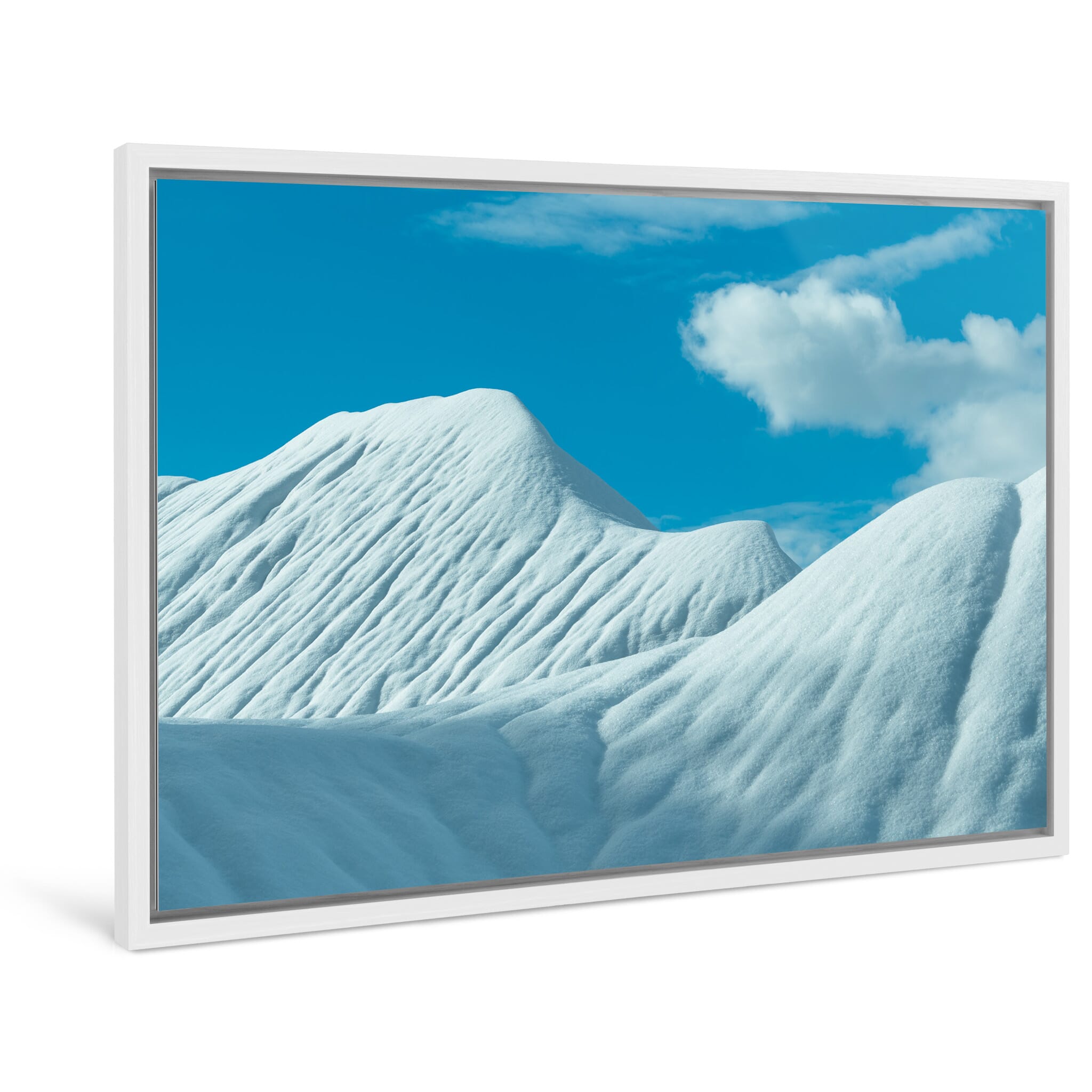 Framed photo print of graphic-like snowy slopes under clear spring light