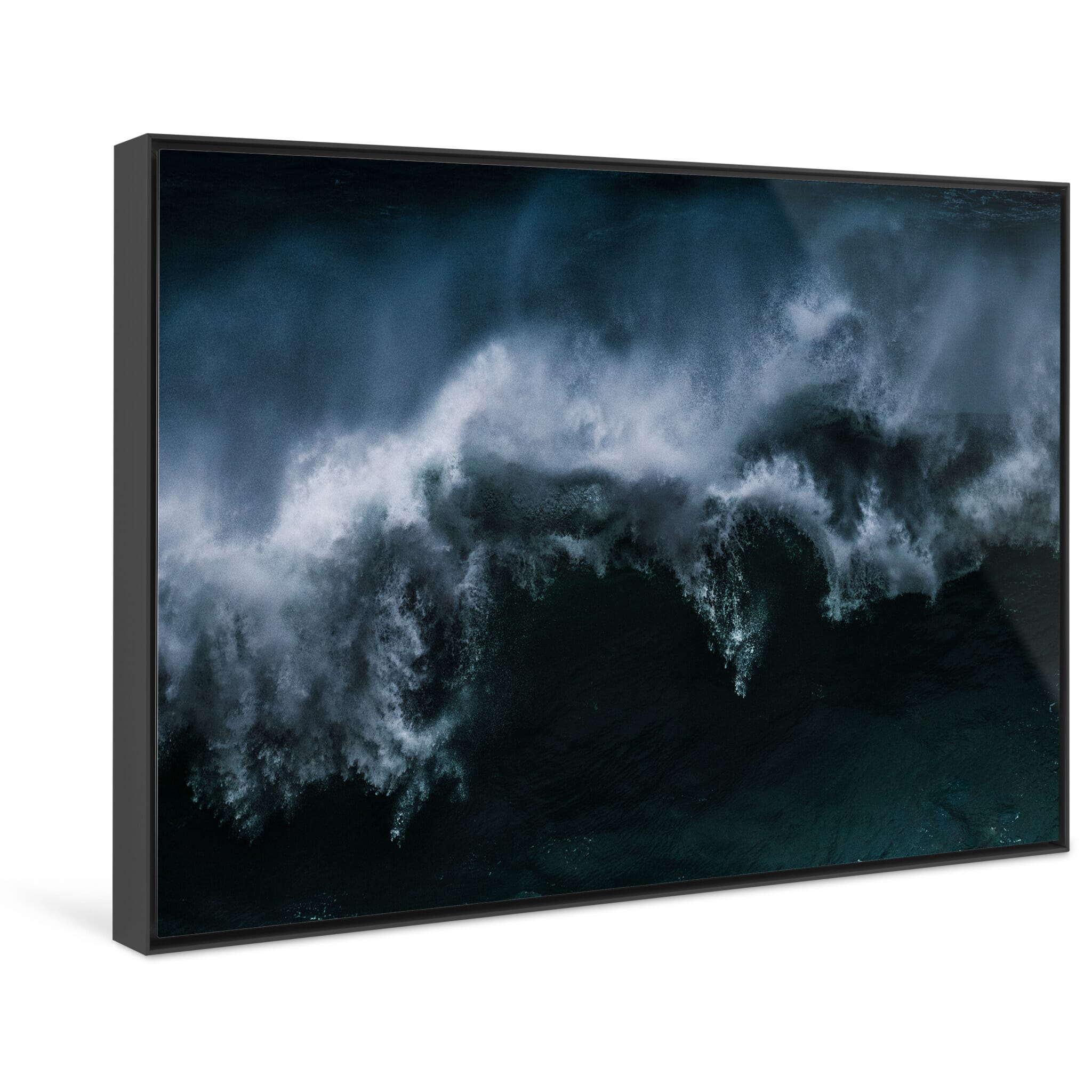Framed photo print of ocean movement and spray from a large wave in Nazaré