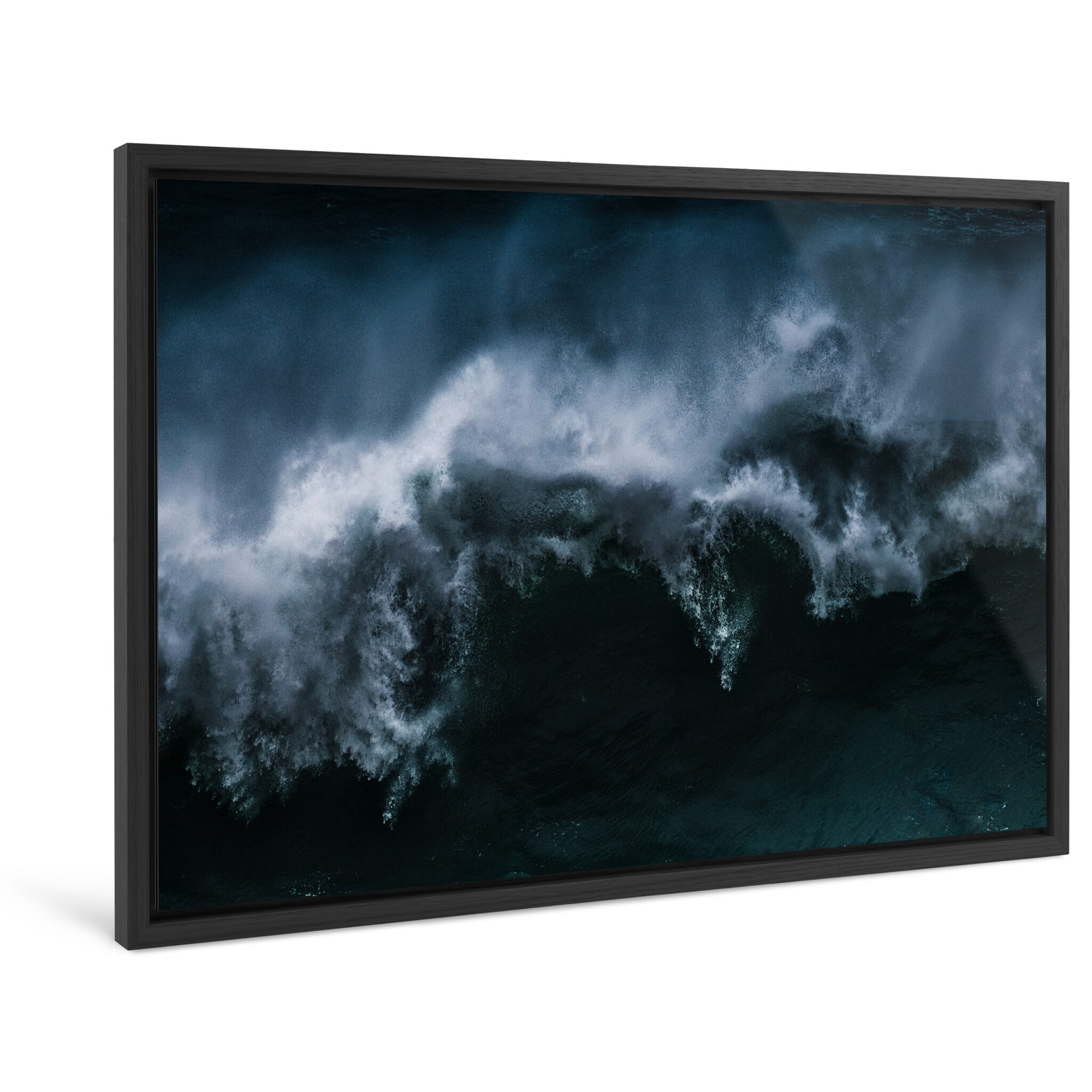 Framed photo print of dramatic ocean waves with mist and rain in Portugal