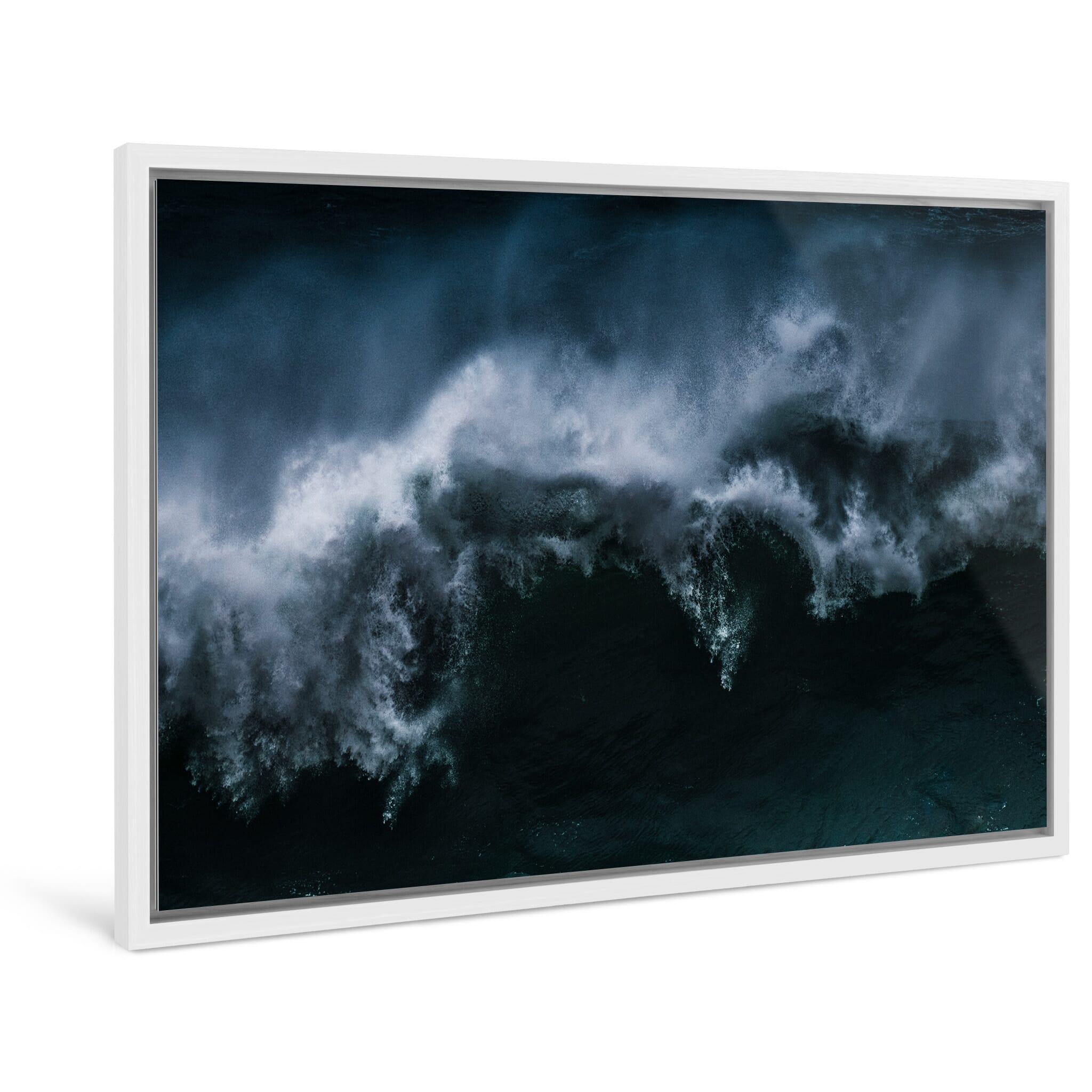 Framed photo print of a dark Atlantic wave crashing with visible spray and texture