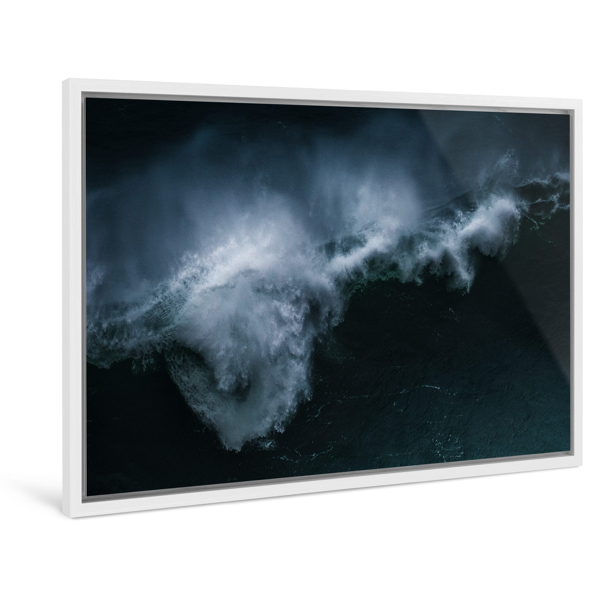Framed photo print of breaking wave in the Atlantic with mist and turbulence