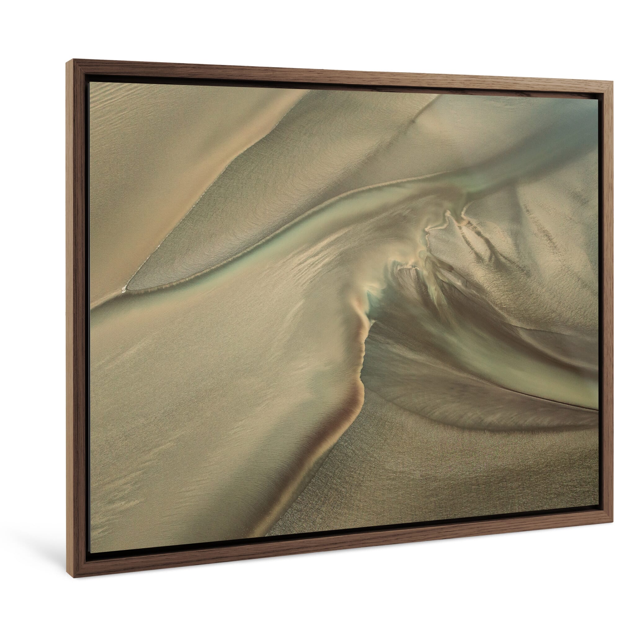 Framed photo print of sediment and water interplay on coastal terrain