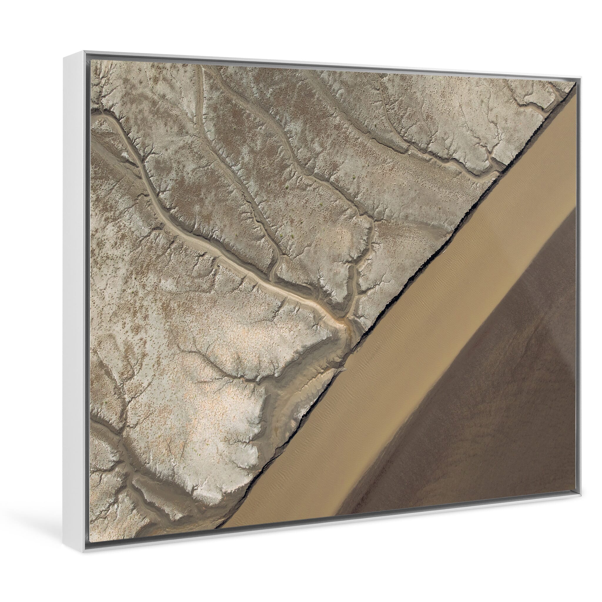 Framed photo print of dynamic shoreline with visible water flow structures