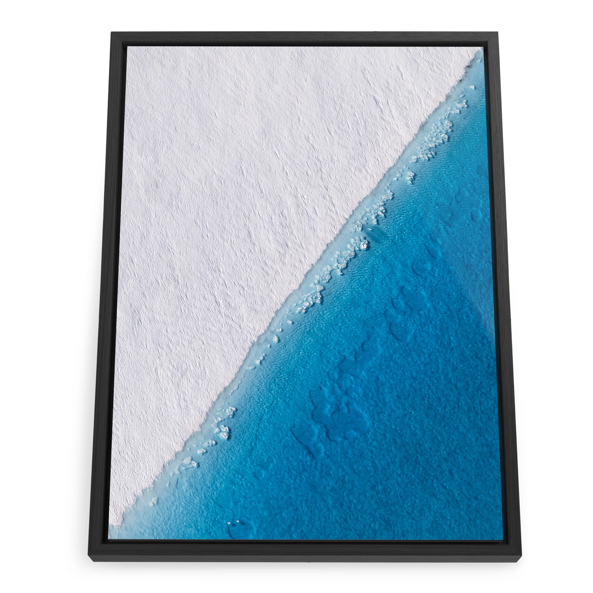 Framed photo print of glacial pools with drifting icebergs from an aerial view