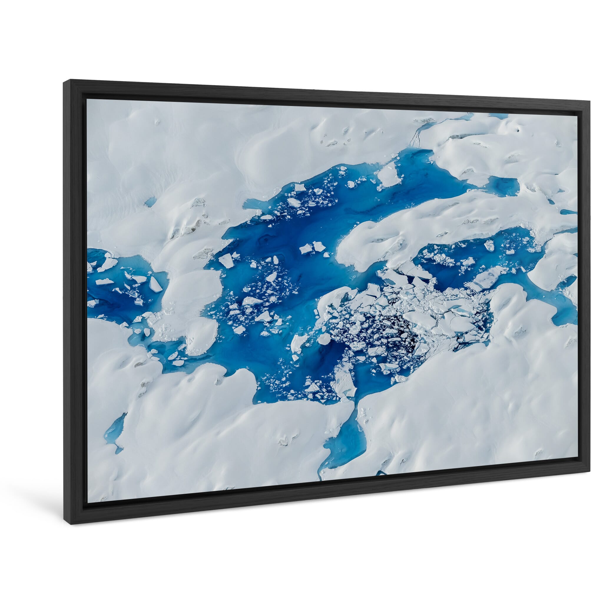 Framed photo print of deep blue glacial lakes formed by melting ice
