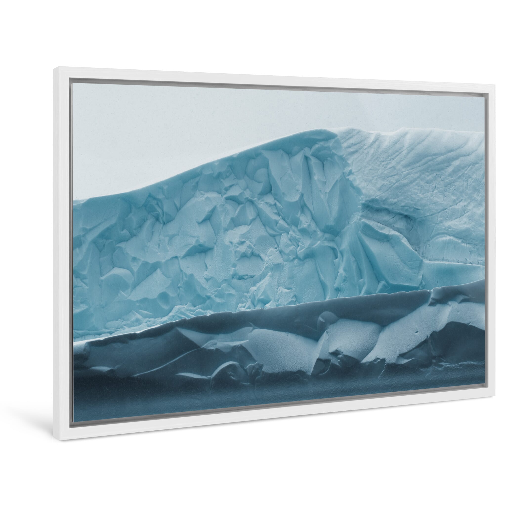 Framed photo print of close-up view revealing curves and channels in glacial ice
