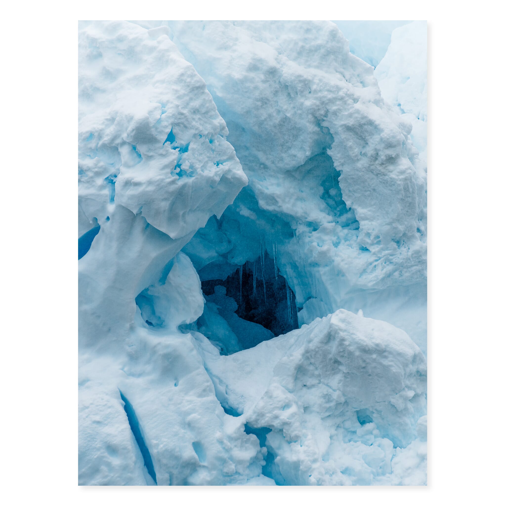 Fine art print of surreal blue ice tones and intricate glacial patterns in Antarctica