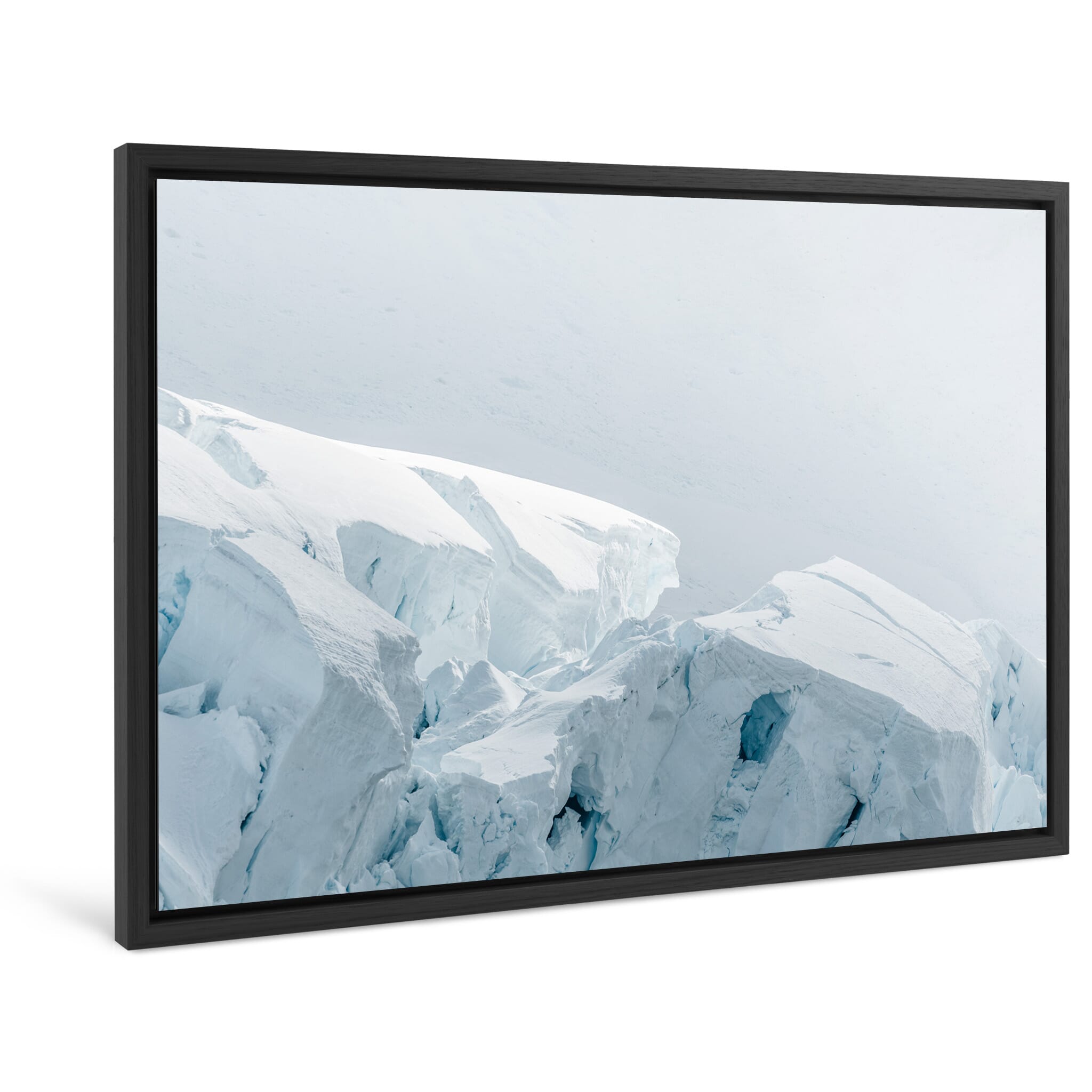 Framed photo print of sunlit glacier textures with sharp ice formations