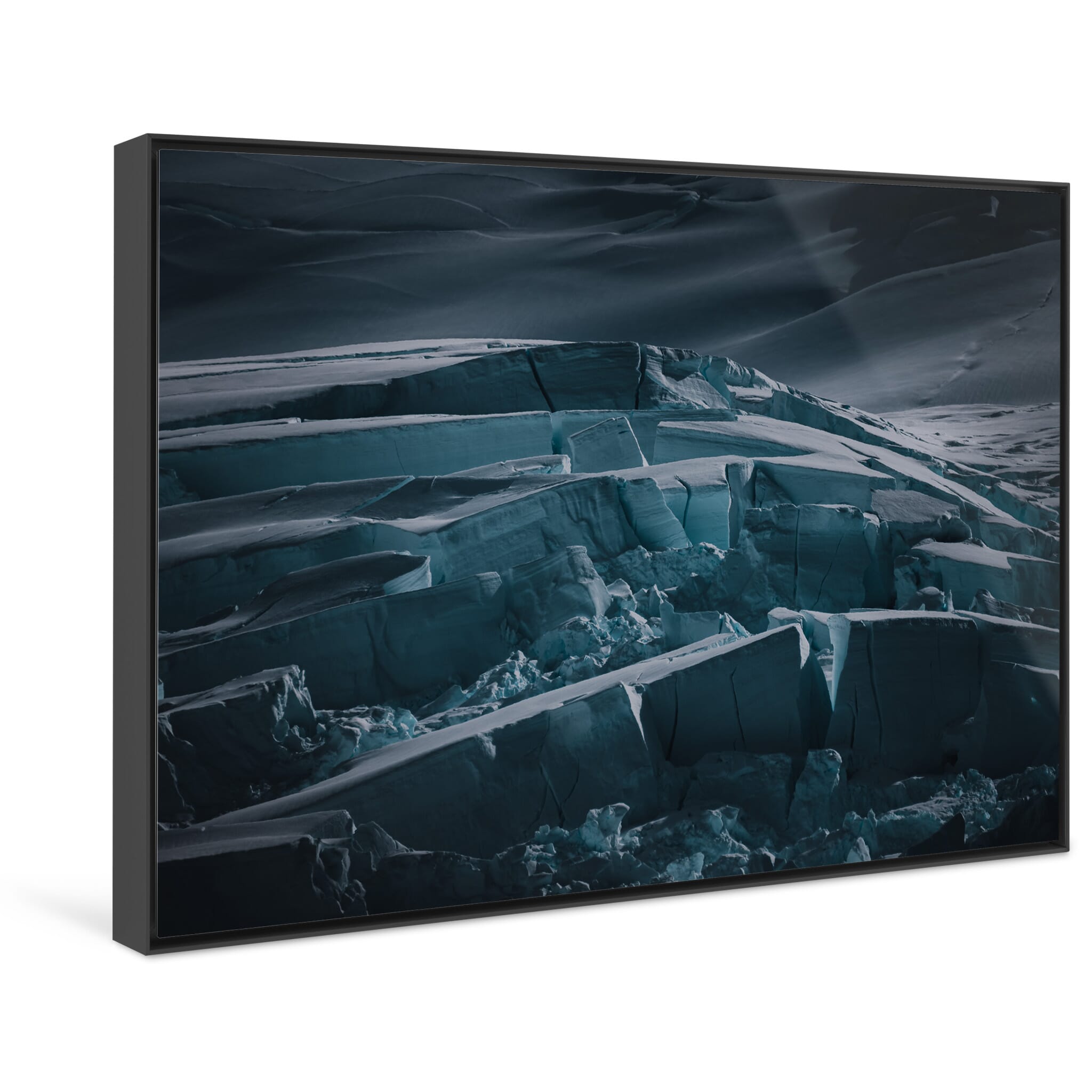 Framed photo print of rugged glacier surfaces in a tense atmosphere