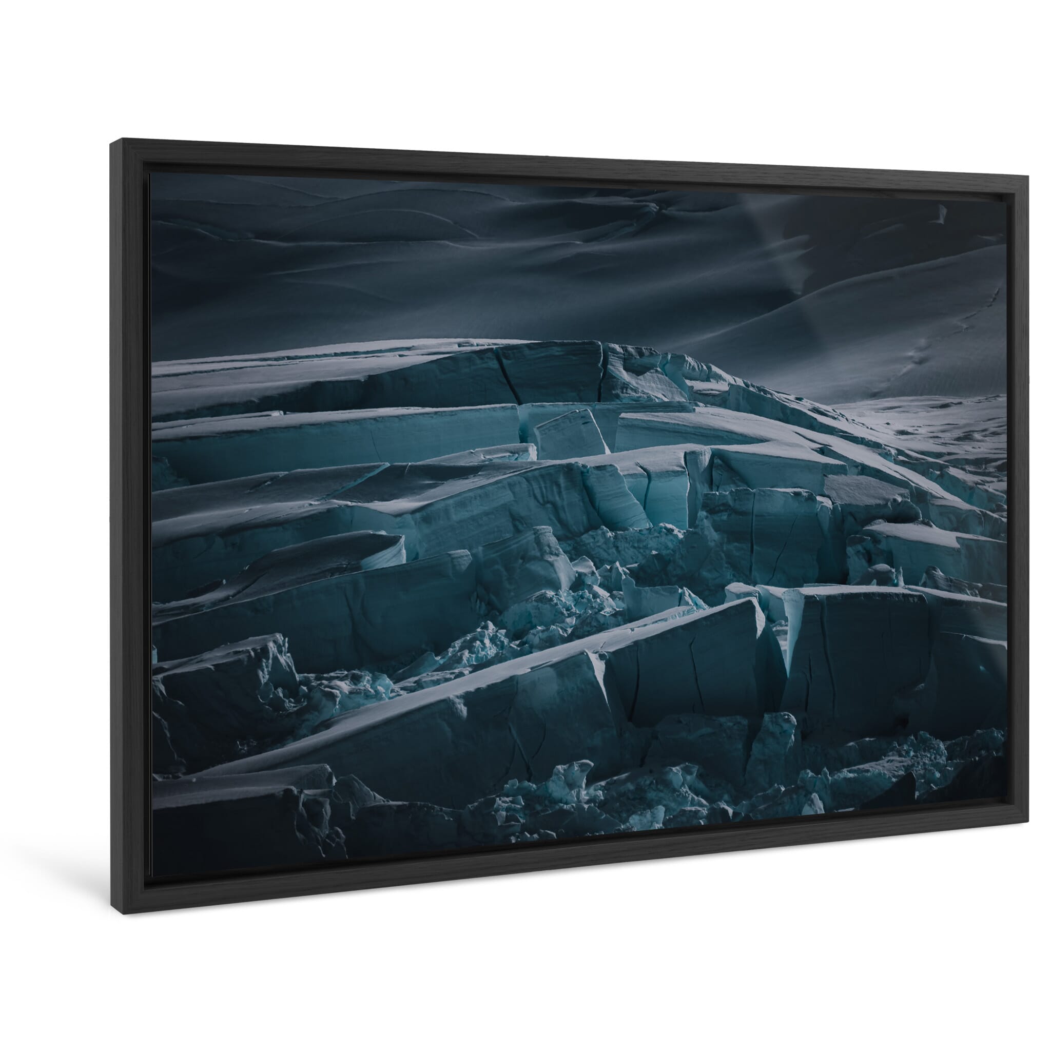 Framed photo print of dramatic ice formations under low light
