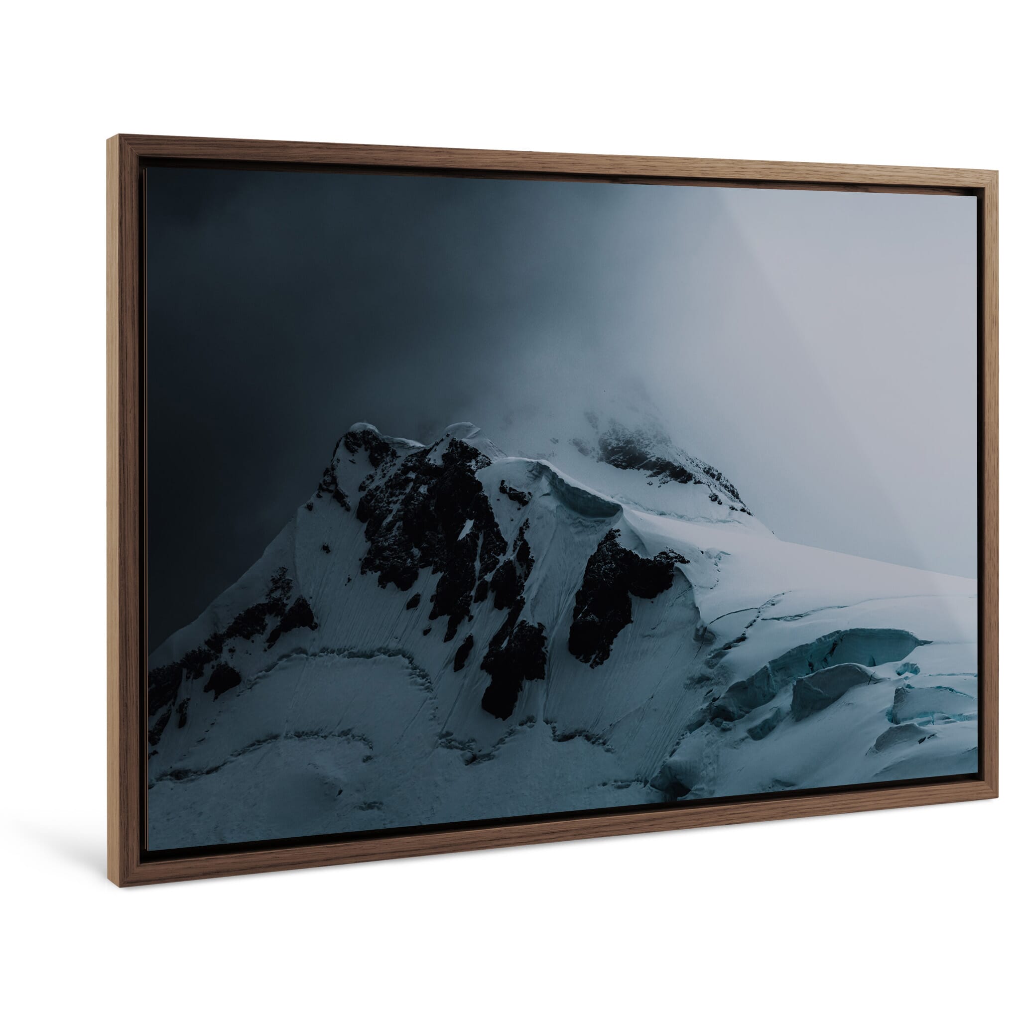 Framed photo print of rugged mountain slopes highlighting ice and snow