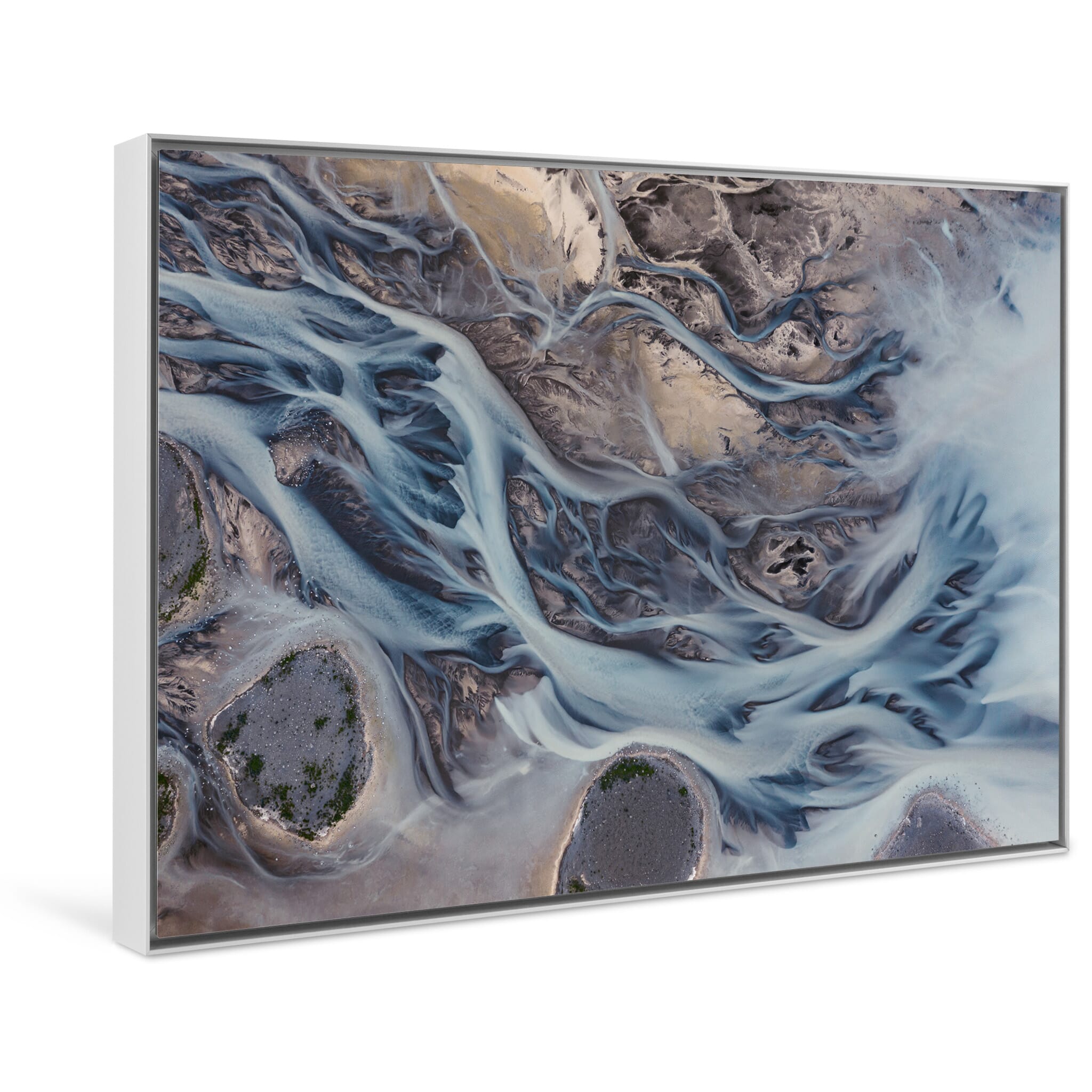 Framed photo print capturing the ever-shifting flow of a glacial river from above