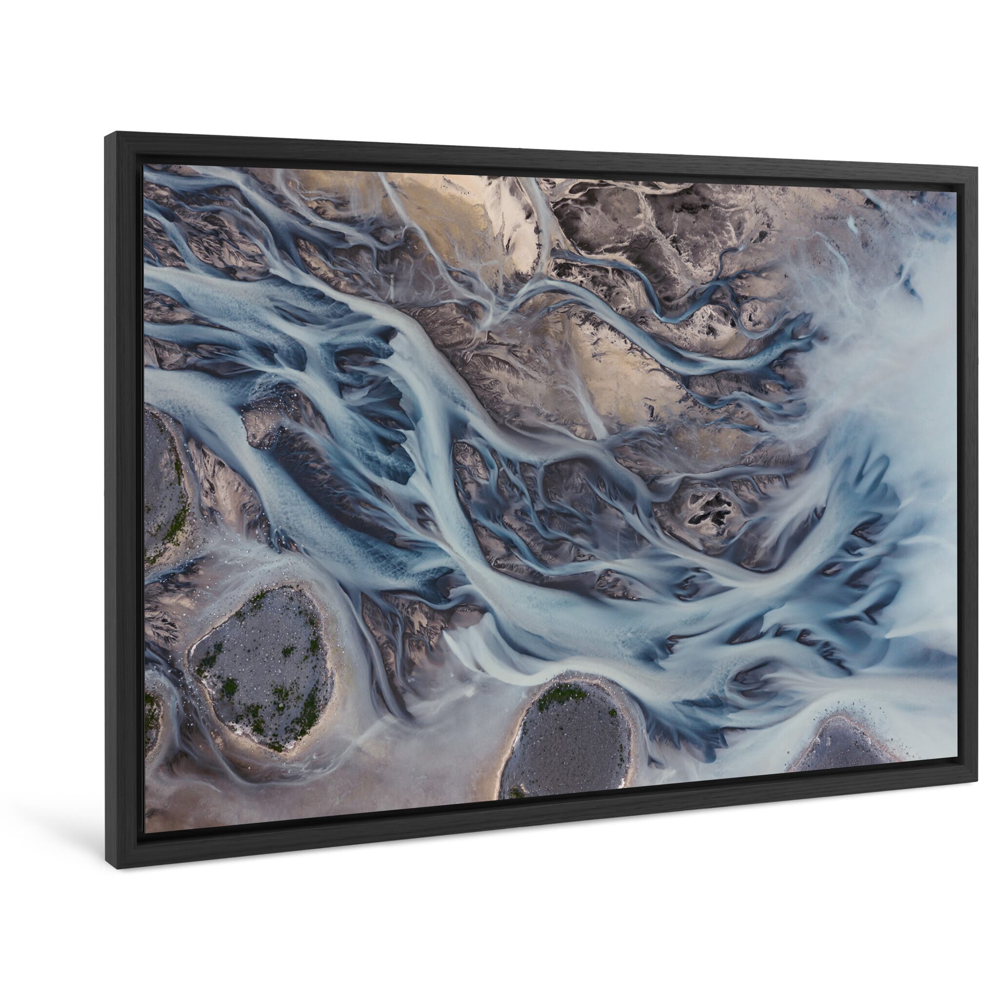 Framed photo print of swirling water channels carrying sediment into Sandvatn