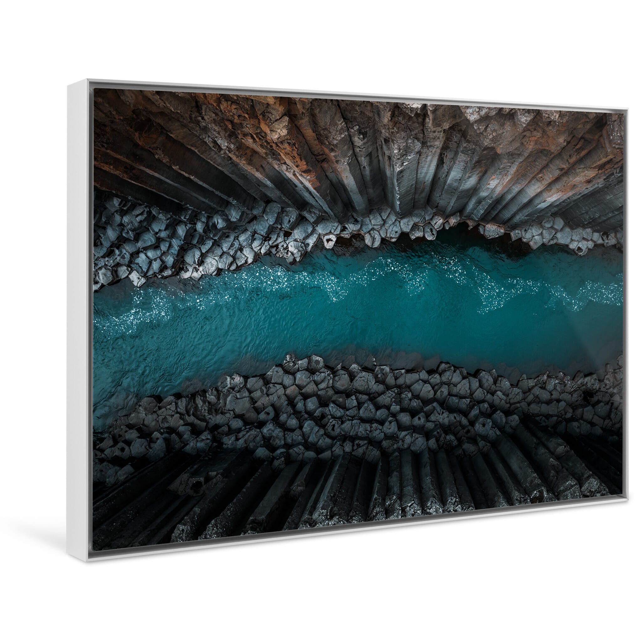 Framed photo print of monochrome basalt textures emphasizing the canyon’s dramatic geology